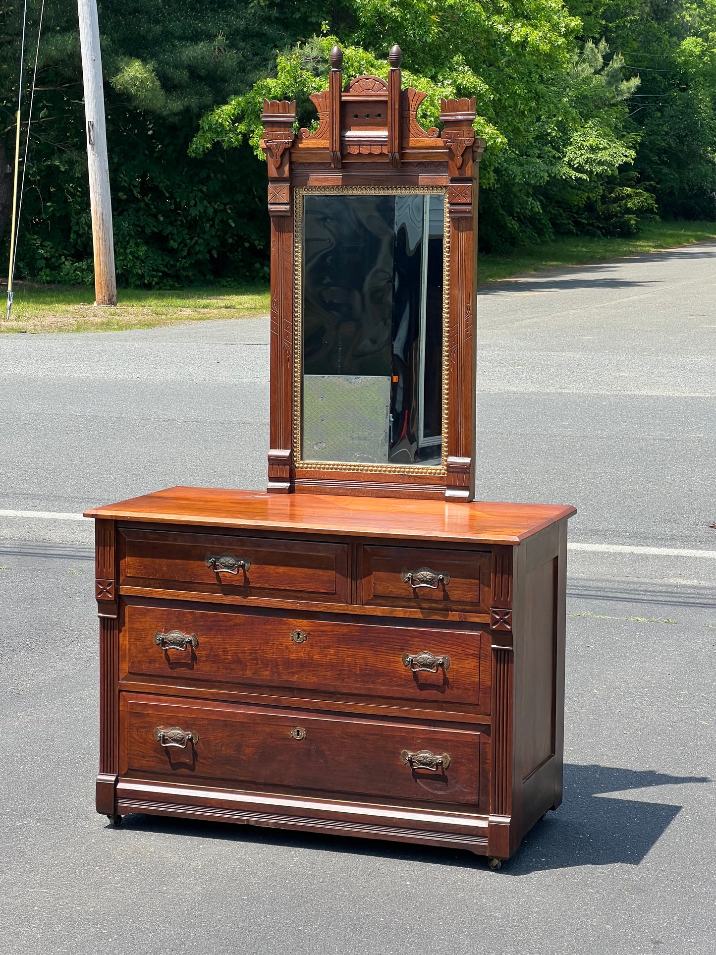 Antique Eastlake Victorian Two over Two Dresser with Mirror