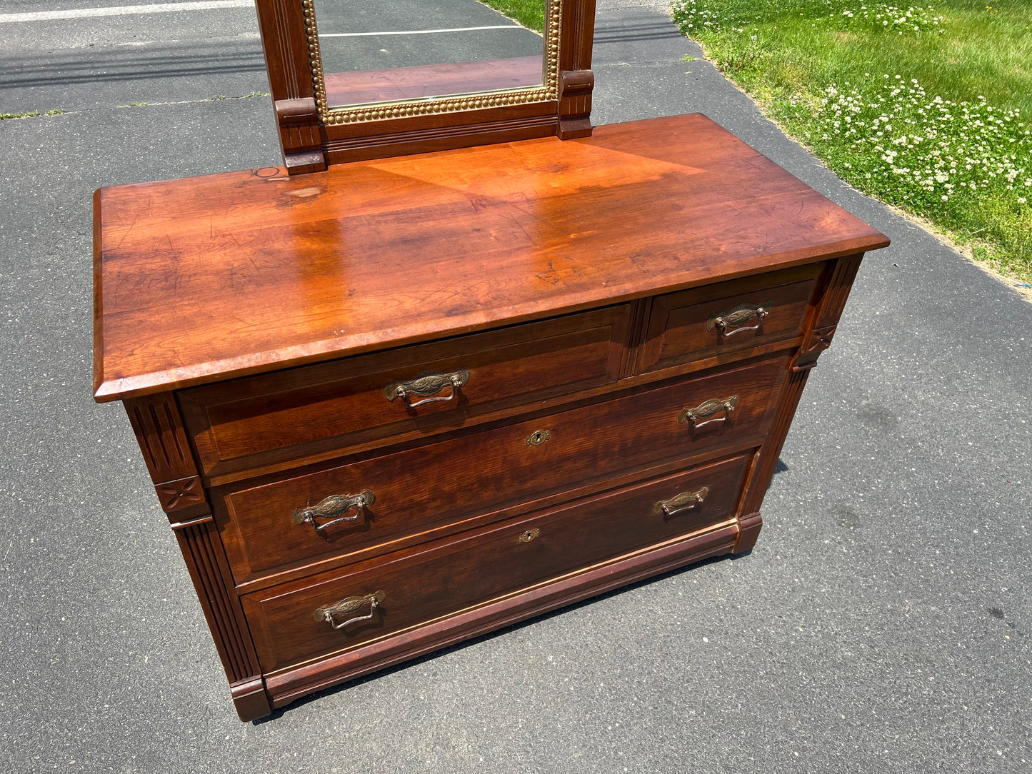 Antique Eastlake Victorian Two over Two Dresser with Mirror