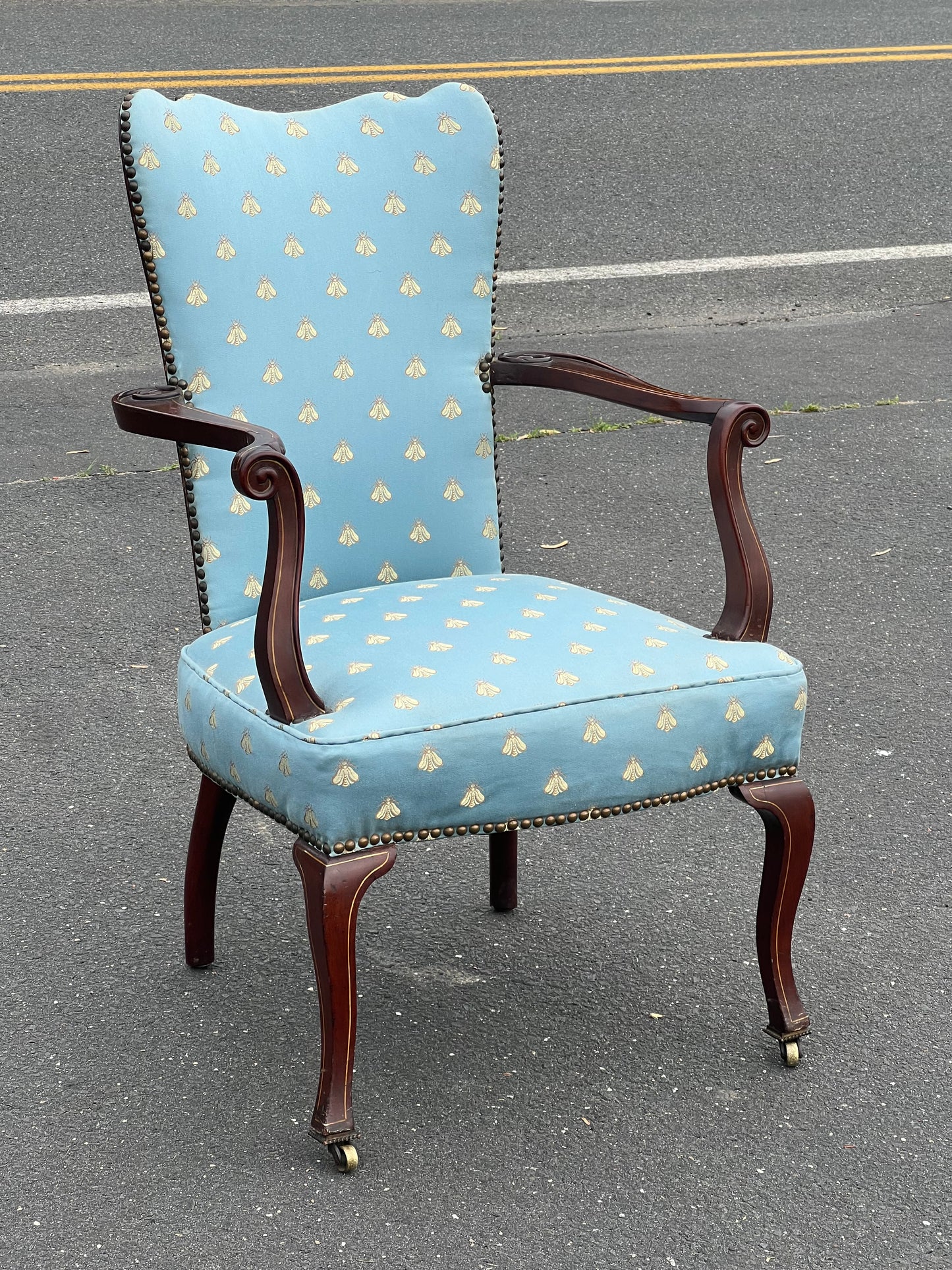 Antique Federal Upholstered Arm Chair with Scrolled Arms and Satinwood Inlay