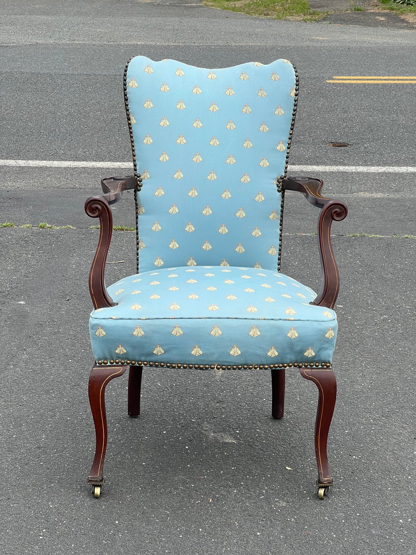 Antique Federal Upholstered Arm Chair with Scrolled Arms and Satinwood Inlay