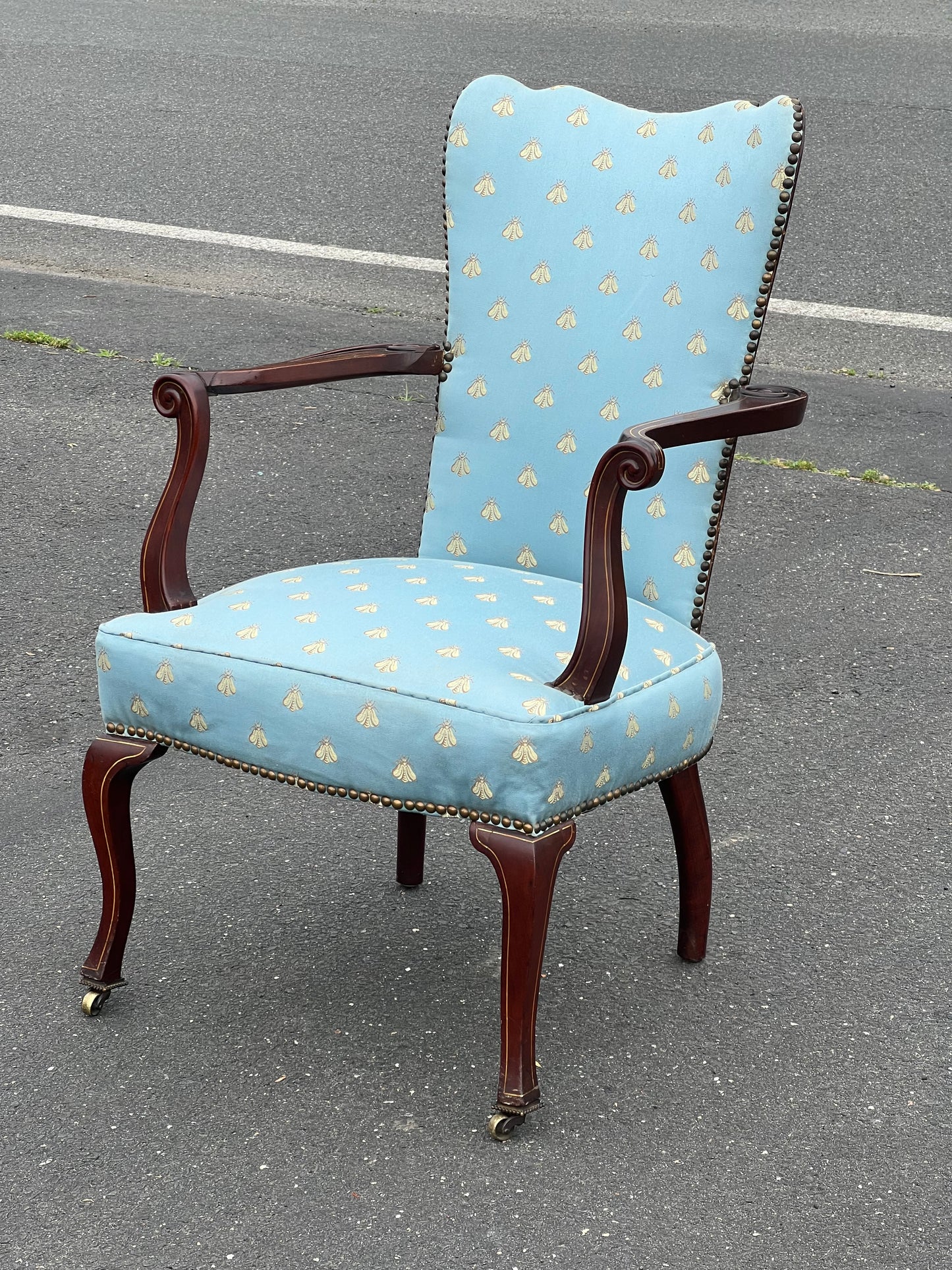 Antique Federal Upholstered Arm Chair with Scrolled Arms and Satinwood Inlay