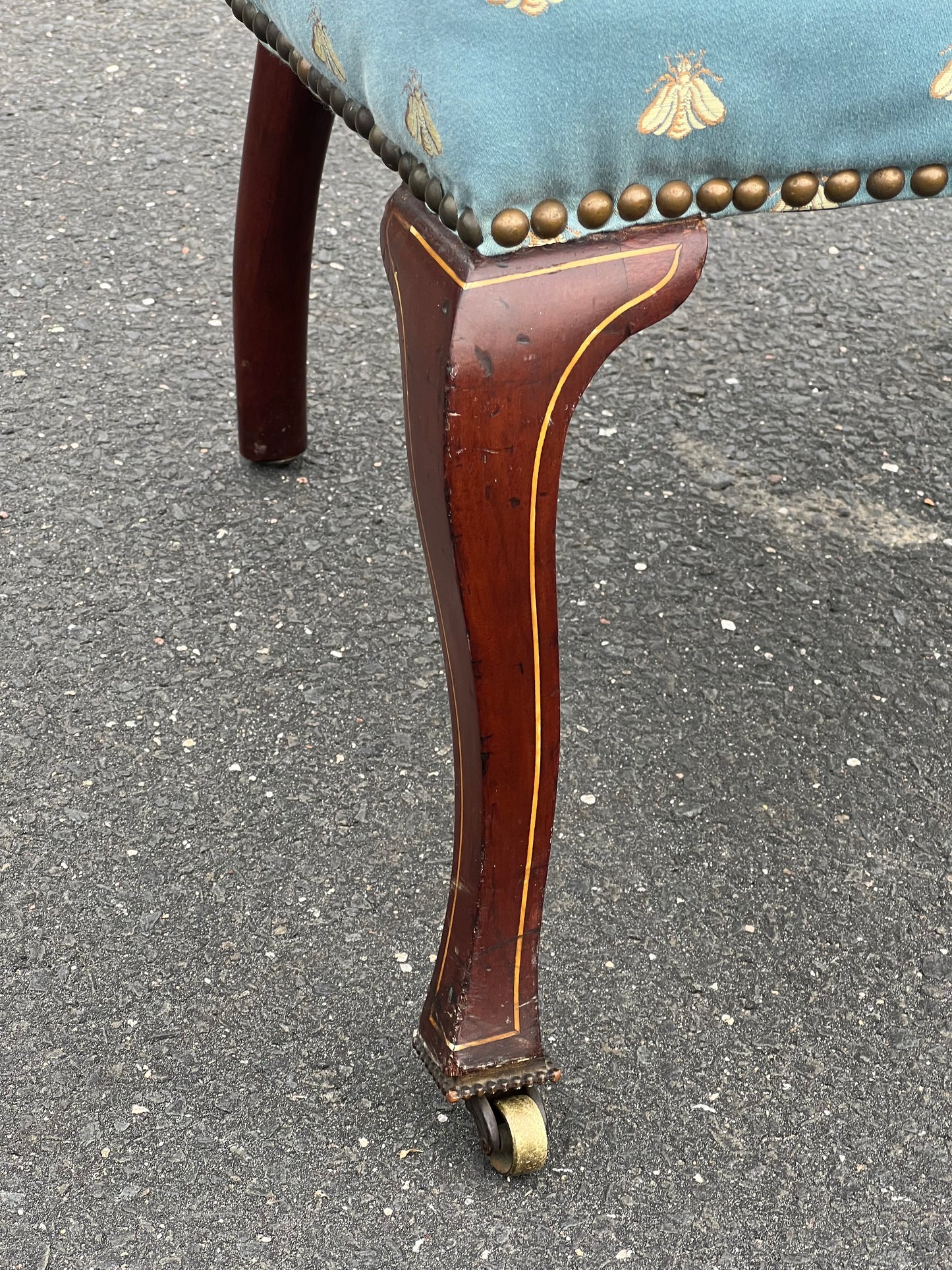 Antique Federal Upholstered Arm Chair with Scrolled Arms and Satinwood Inlay