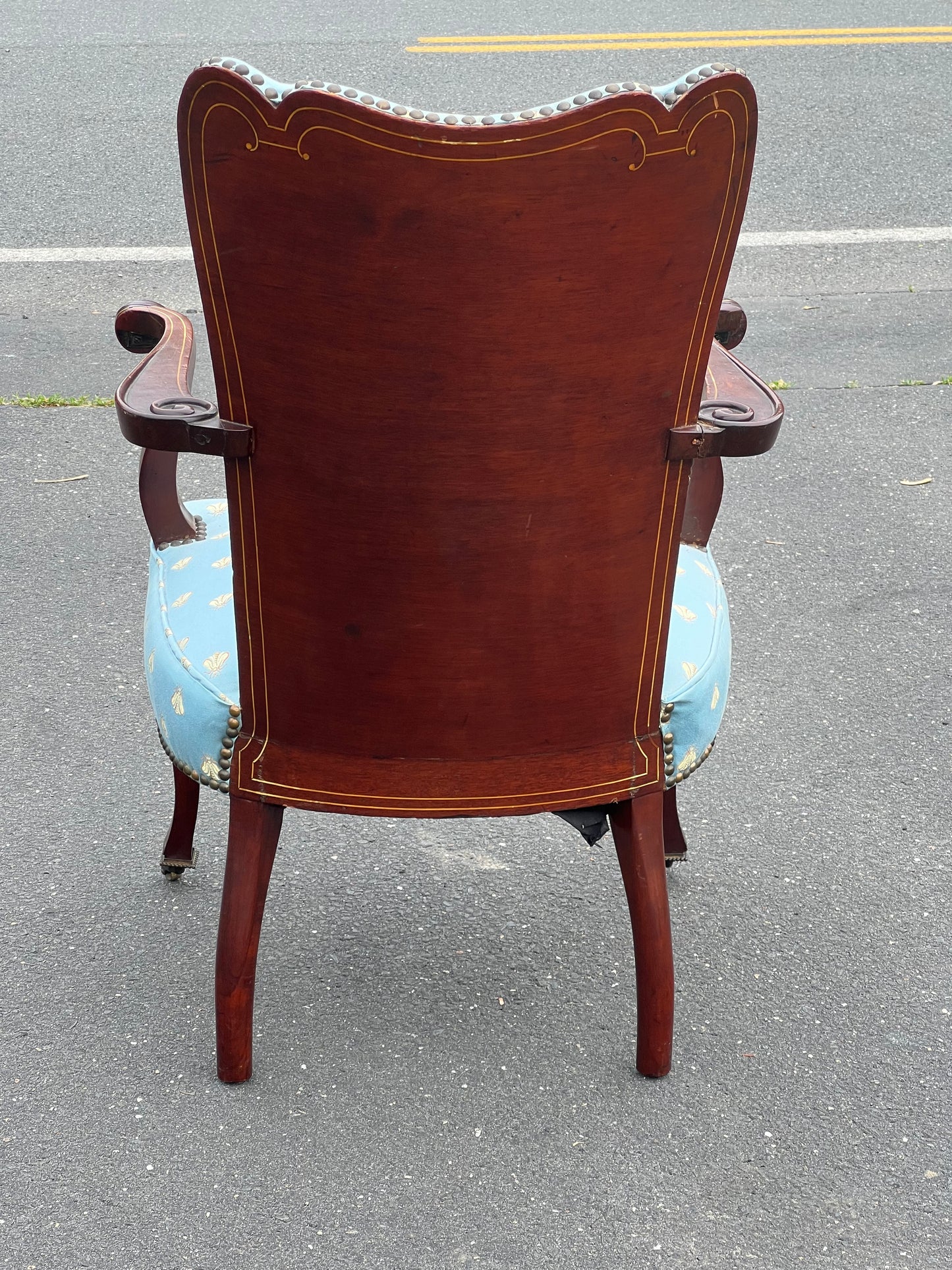 Antique Federal Upholstered Arm Chair with Scrolled Arms and Satinwood Inlay