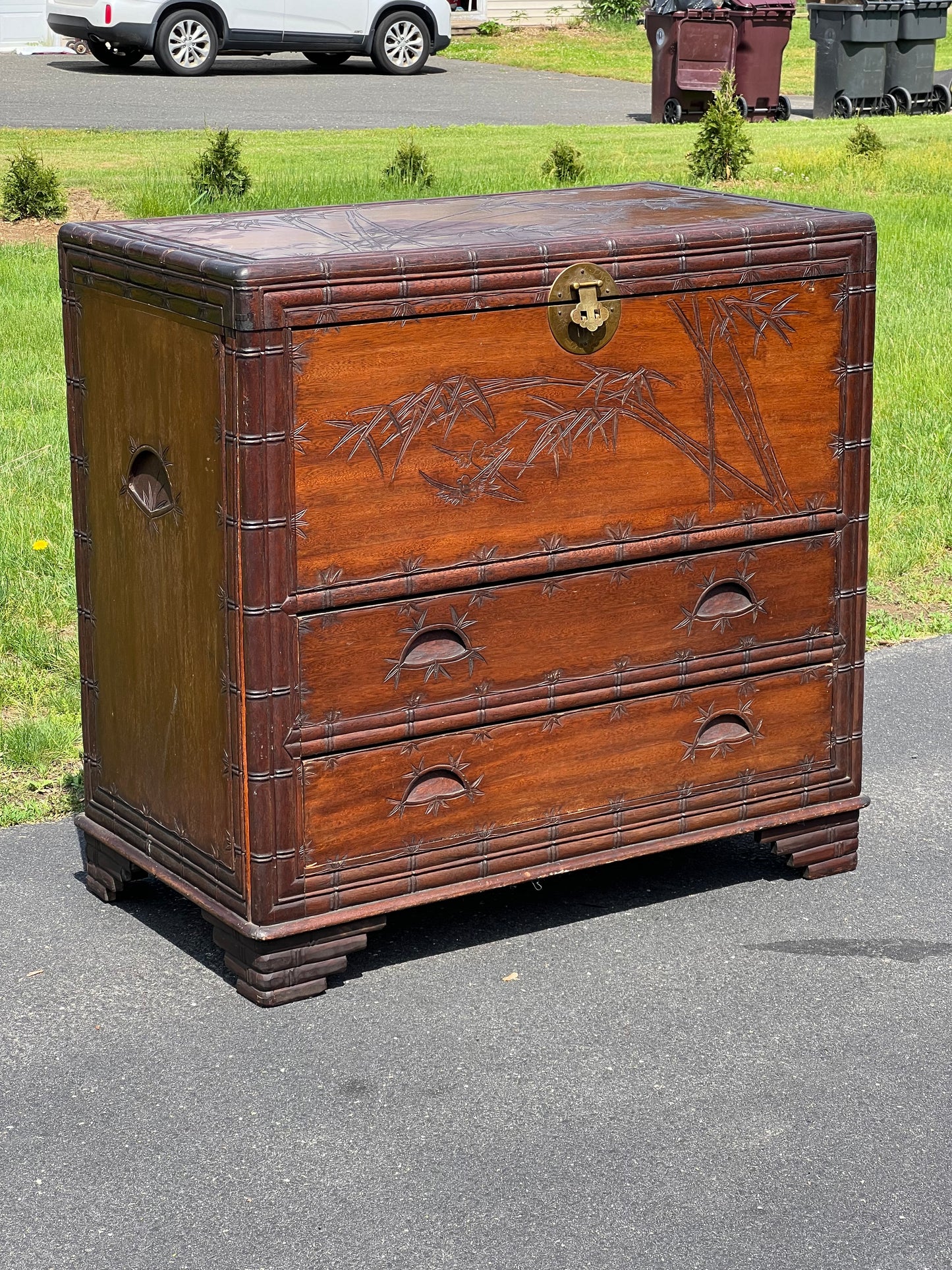 Antique Asian Carved Camphor Wood Two Drawer Blanket Chest c. 1900