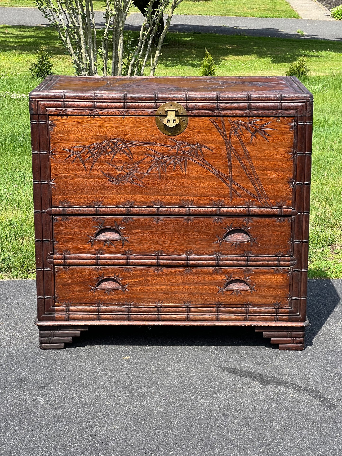 Antique Asian Carved Camphor Wood Two Drawer Blanket Chest c. 1900