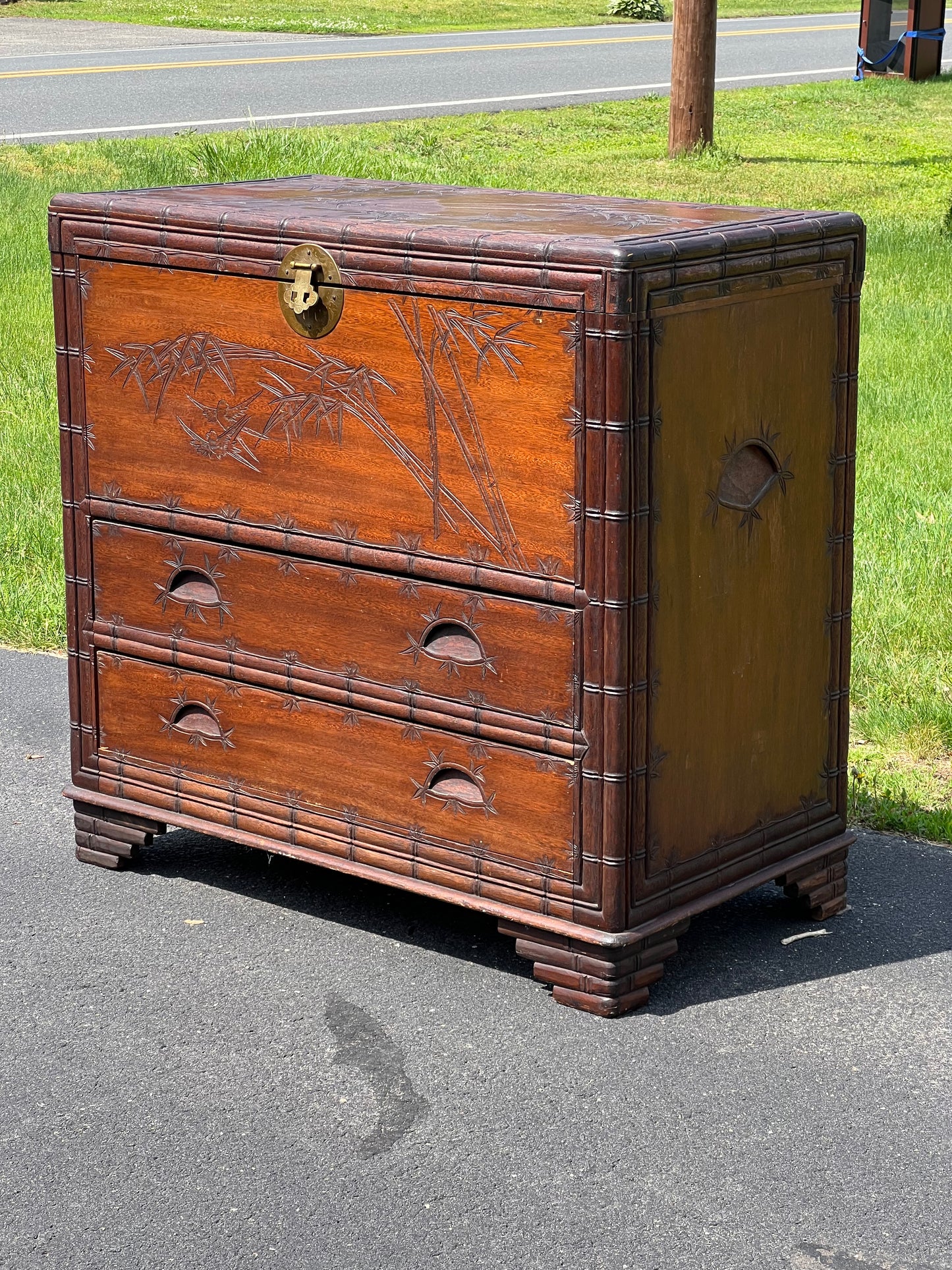 Antique Asian Carved Camphor Wood Two Drawer Blanket Chest c. 1900