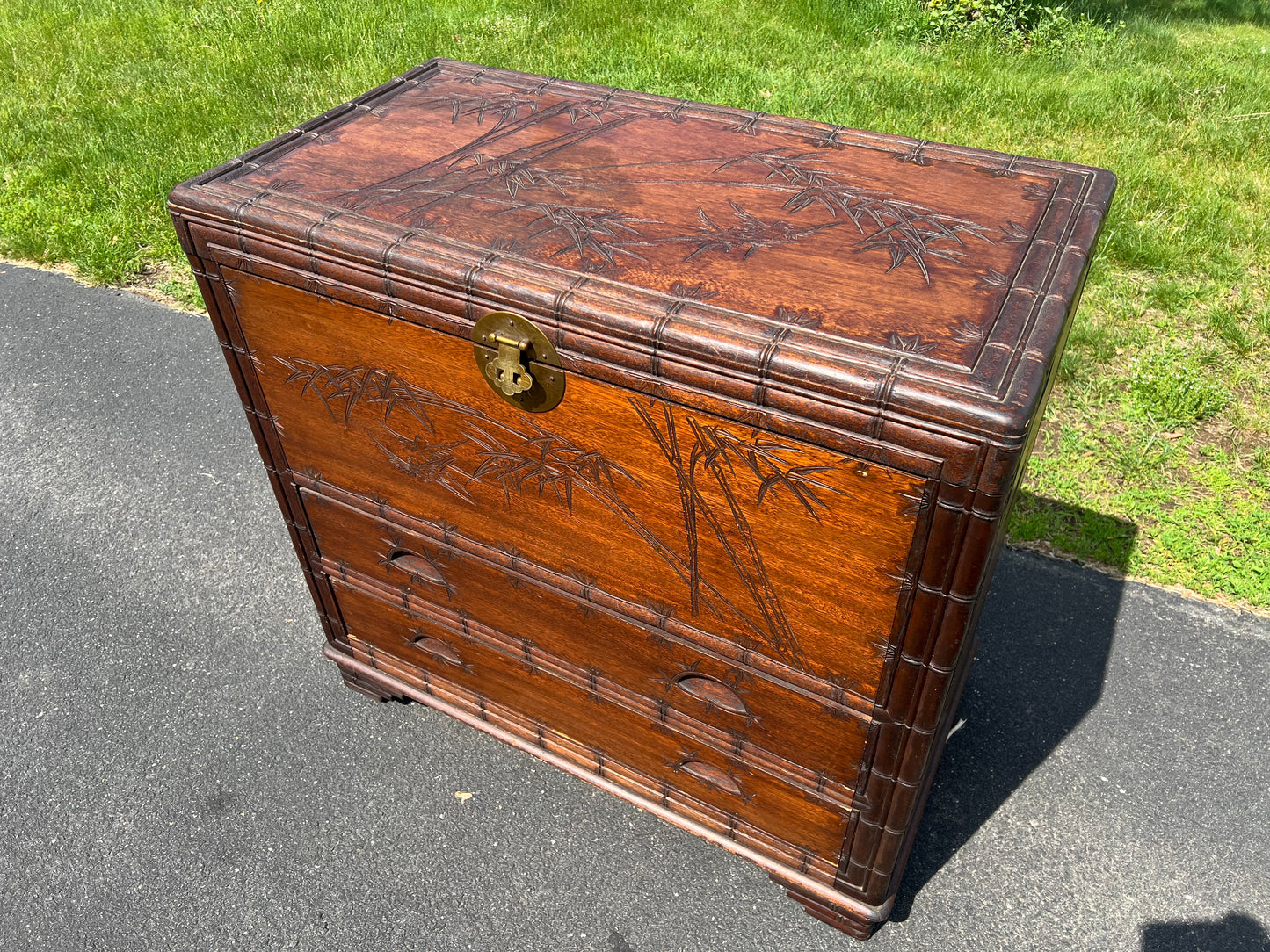 Antique Asian Carved Camphor Wood Two Drawer Blanket Chest c. 1900