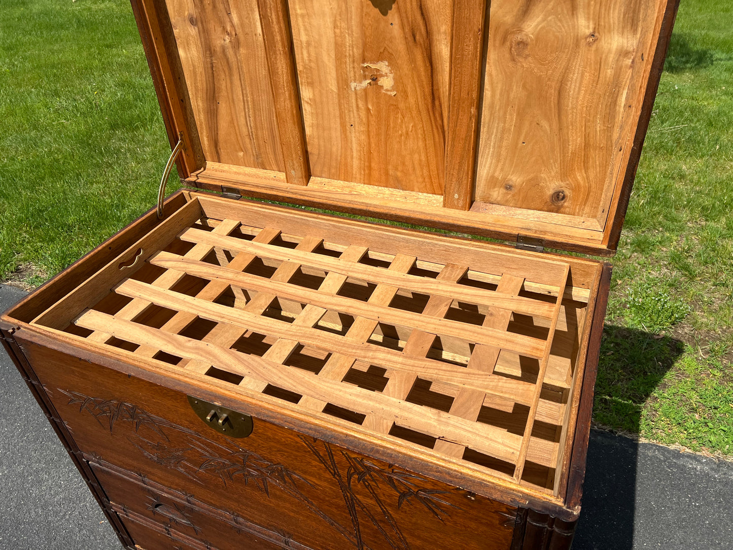 Antique Asian Carved Camphor Wood Two Drawer Blanket Chest c. 1900