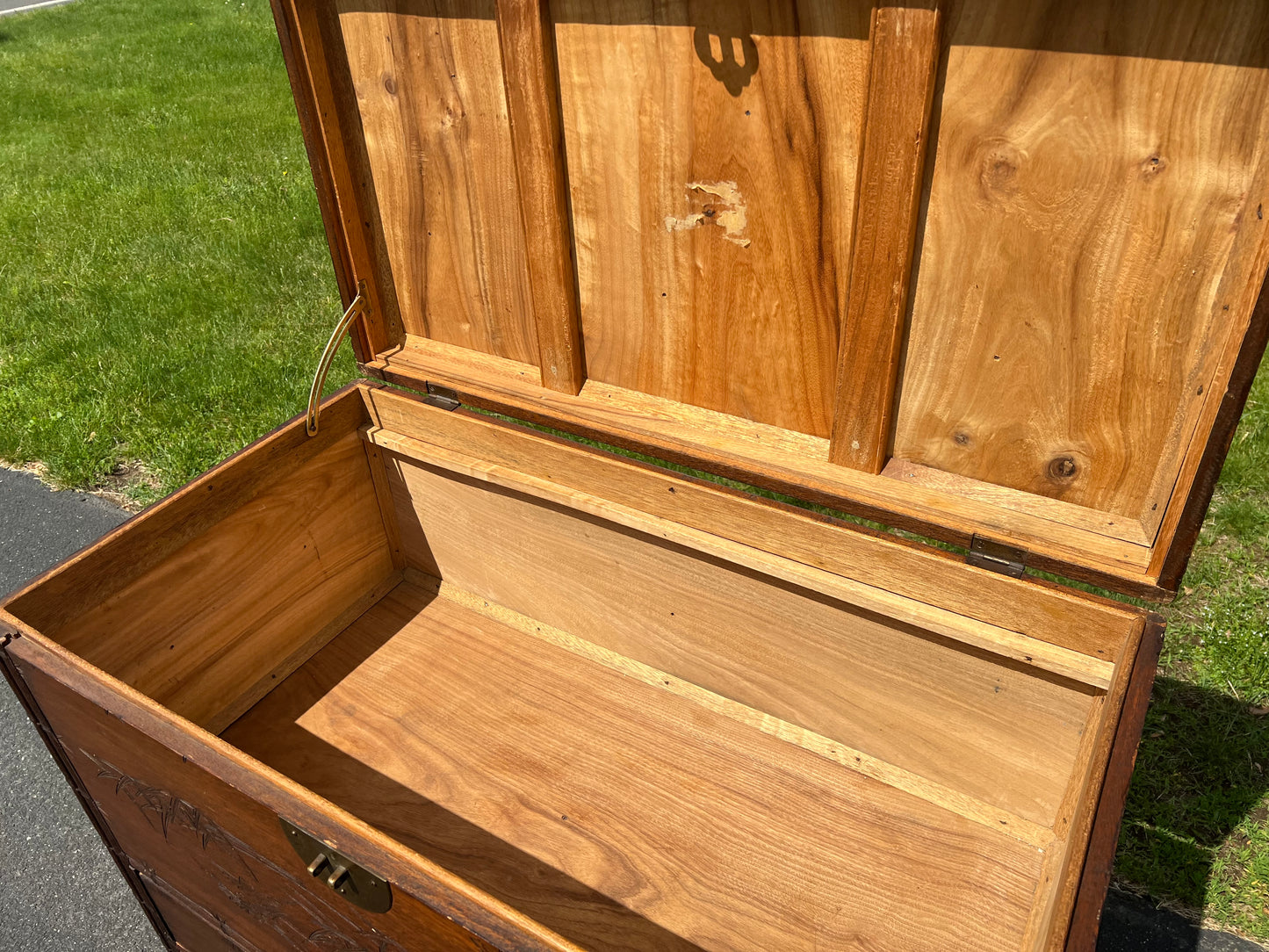 Antique Asian Carved Camphor Wood Two Drawer Blanket Chest c. 1900