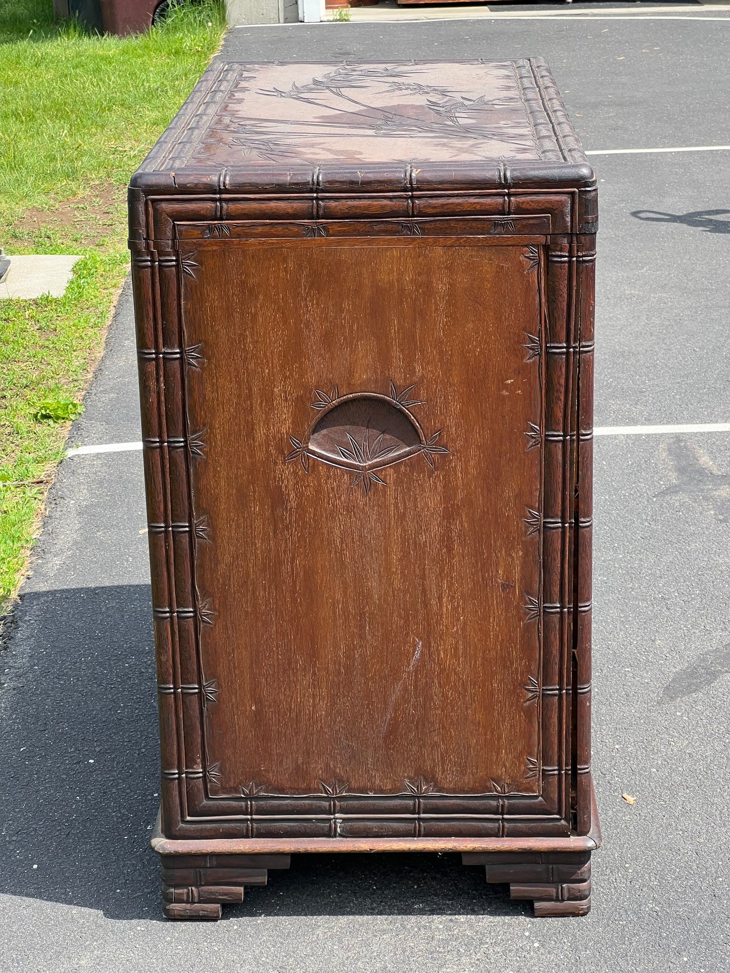 Antique Asian Carved Camphor Wood Two Drawer Blanket Chest c. 1900