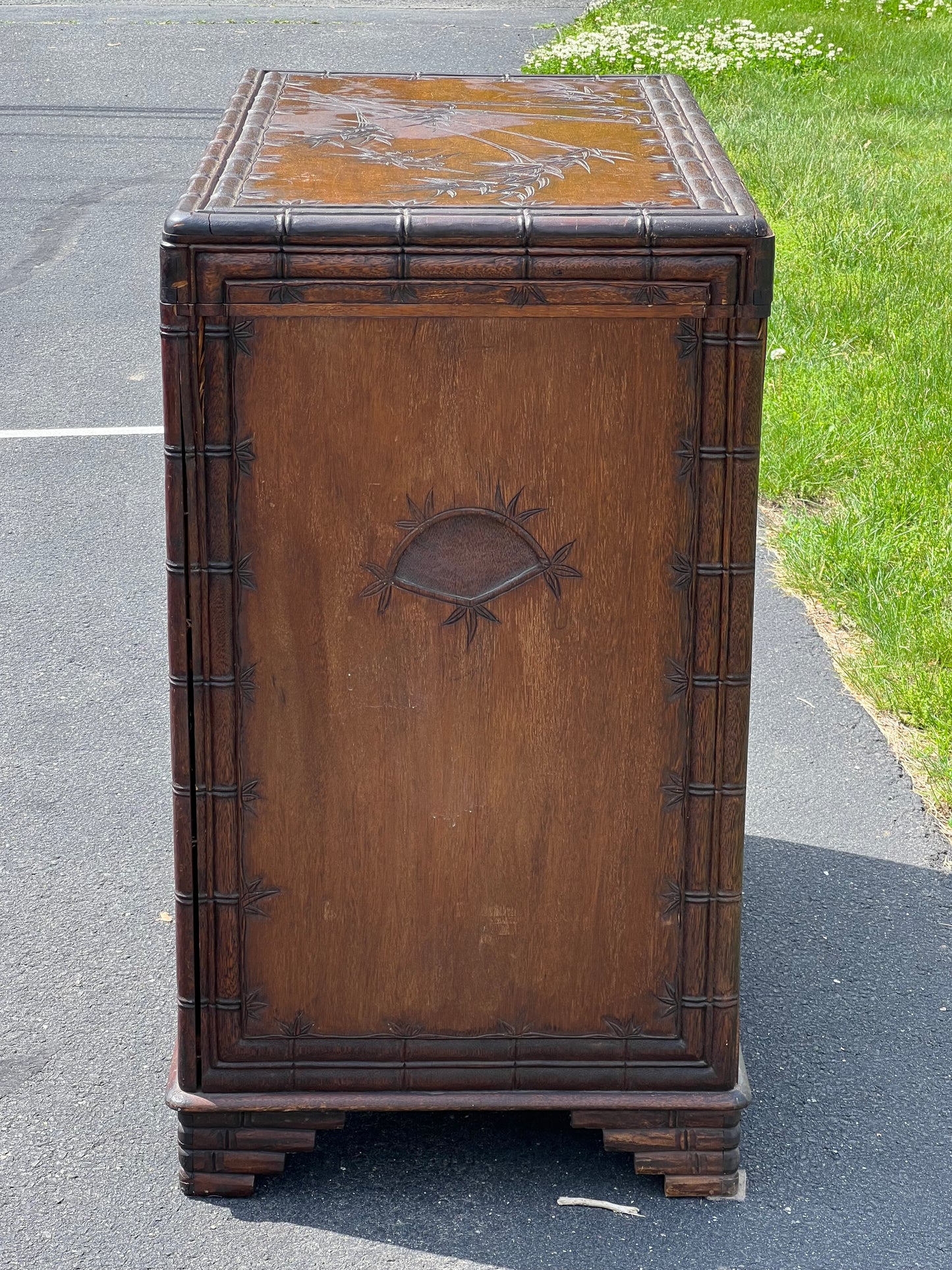 Antique Asian Carved Camphor Wood Two Drawer Blanket Chest c. 1900