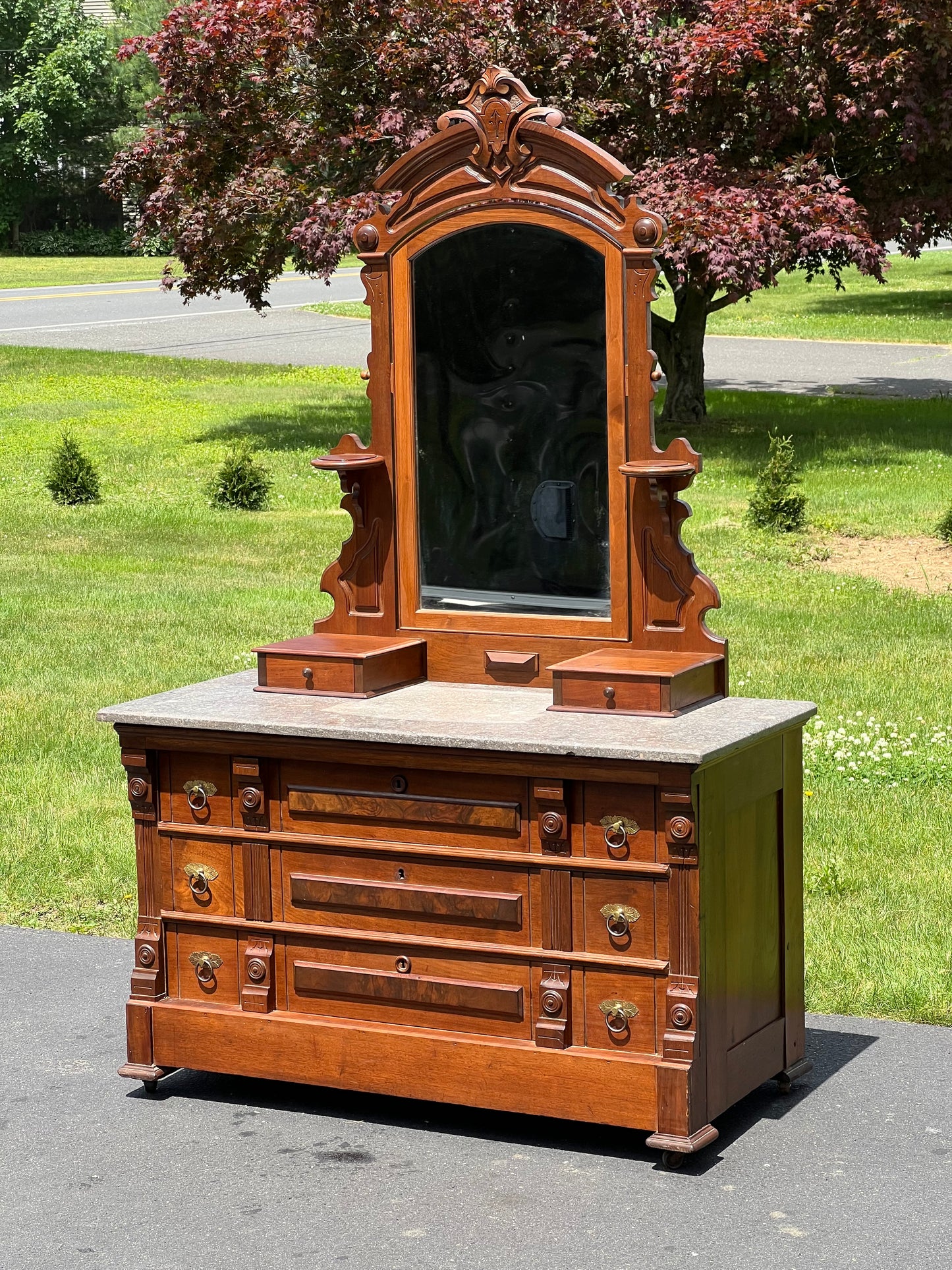 Antique Victorian Marble Top Walnut Burl Three Drawer Chest with Mirror