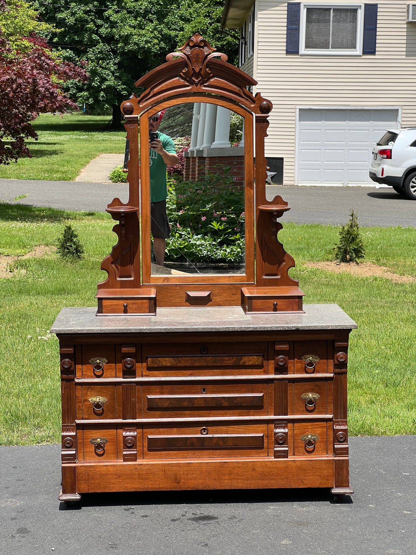 Antique Victorian Marble Top Walnut Burl Three Drawer Chest with Mirror