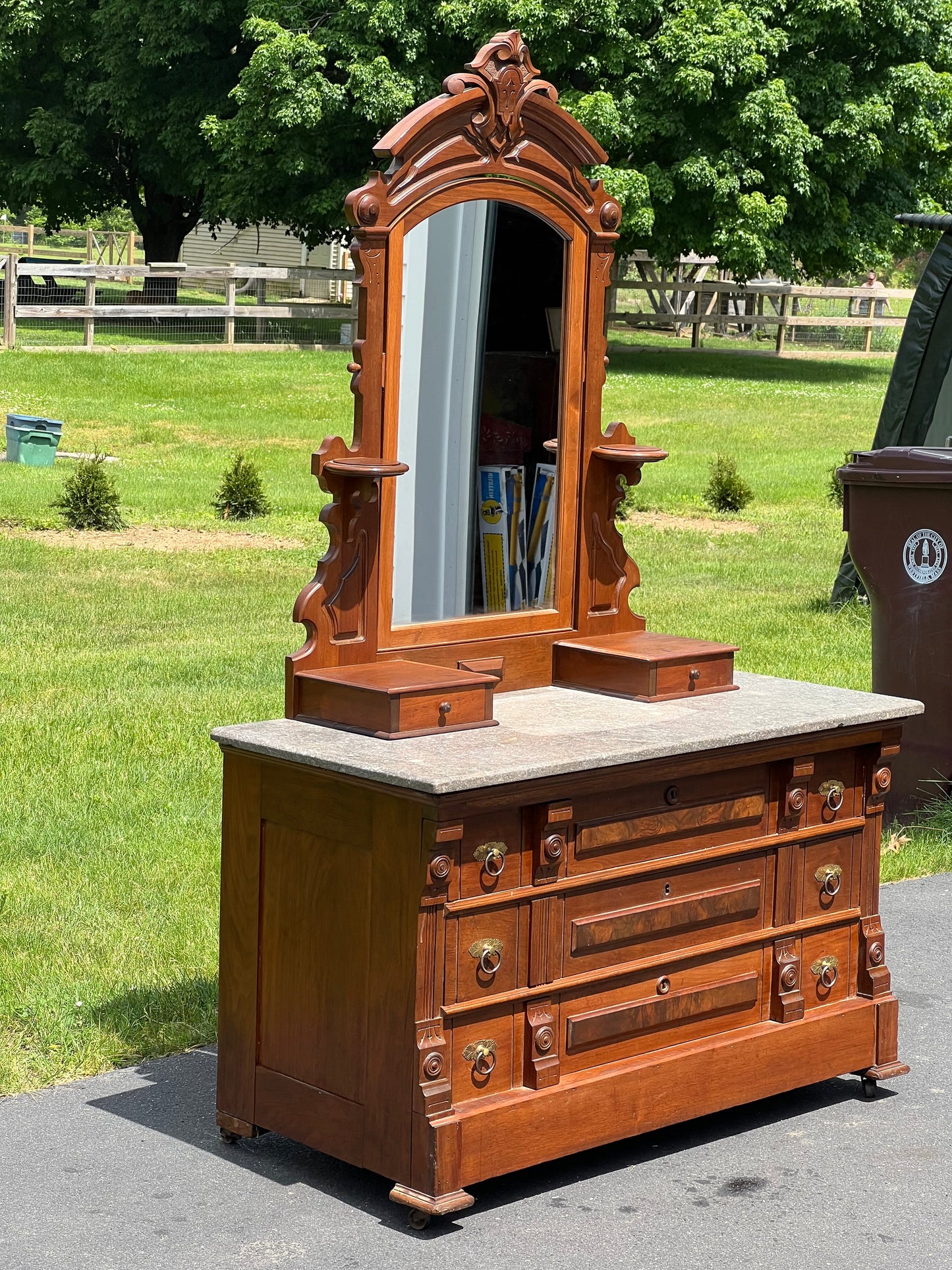 Antique Victorian Marble Top Walnut Burl Three Drawer Chest with Mirror