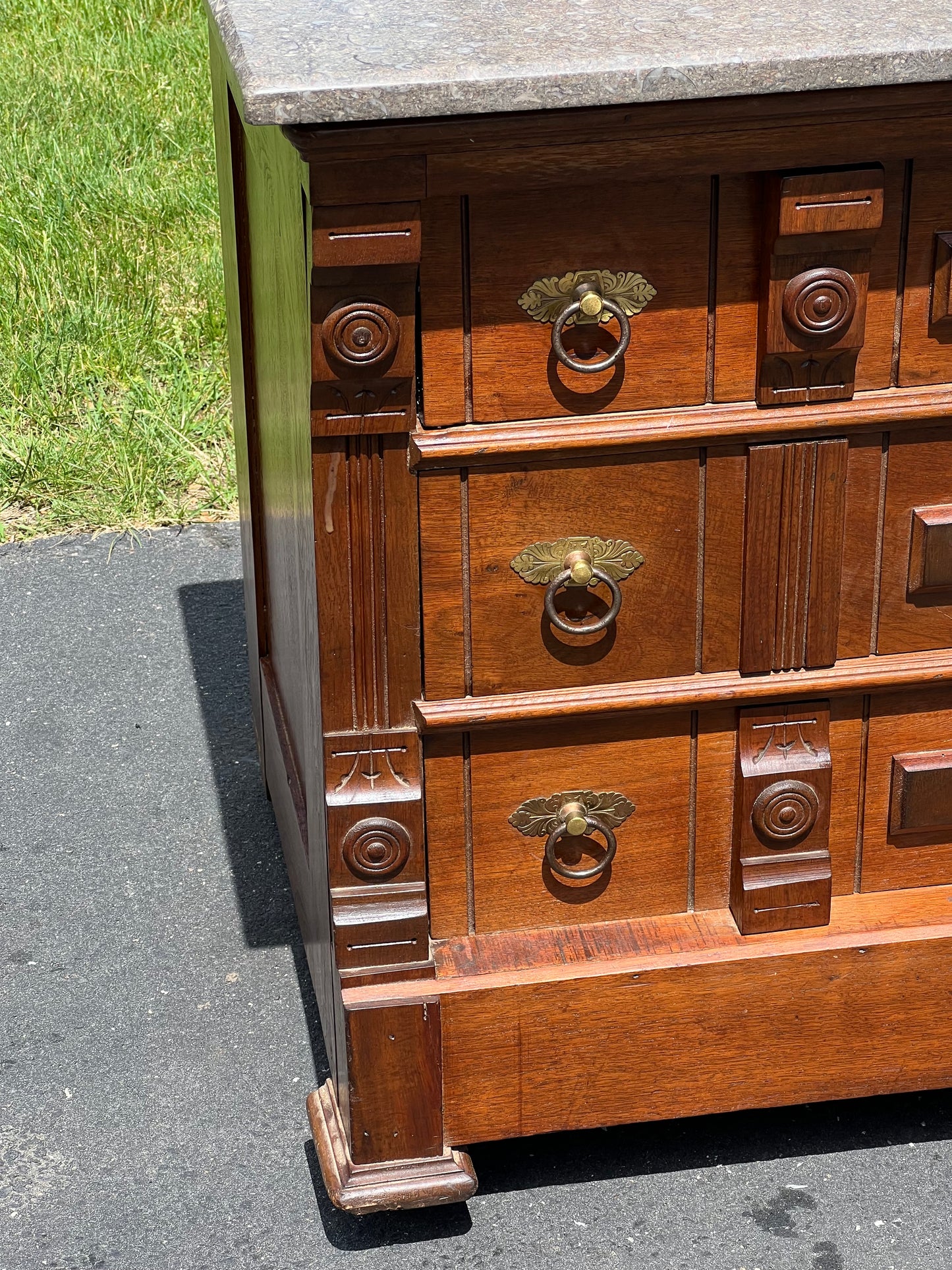 Antique Victorian Marble Top Walnut Burl Three Drawer Chest with Mirror