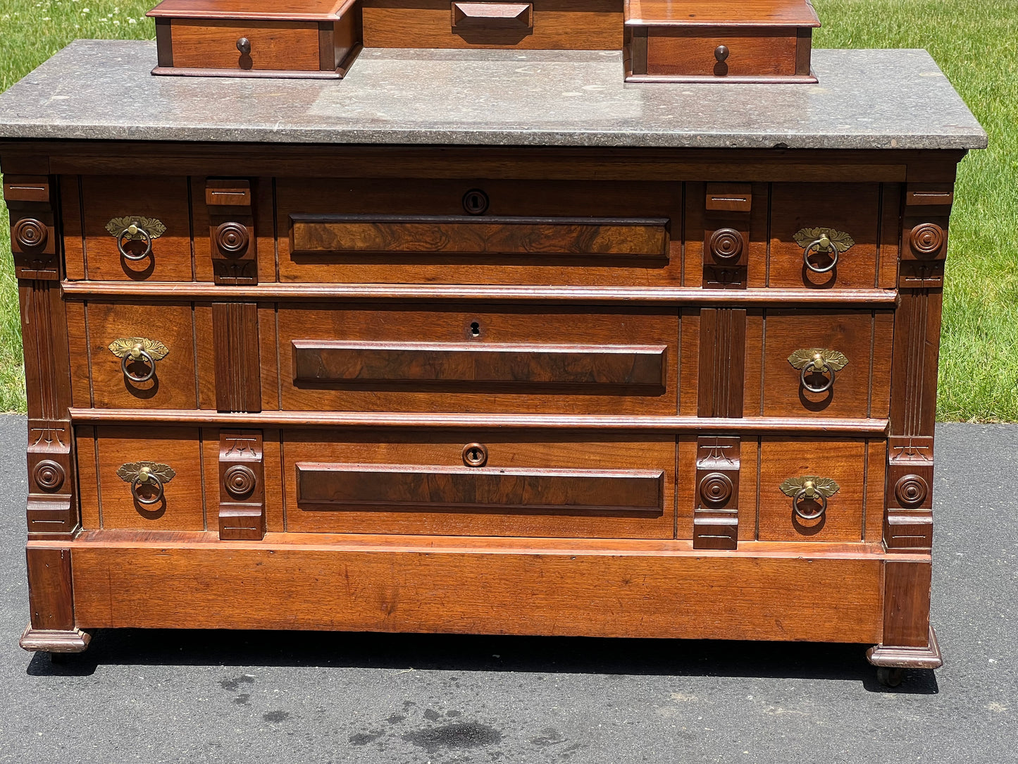 Antique Victorian Marble Top Walnut Burl Three Drawer Chest with Mirror