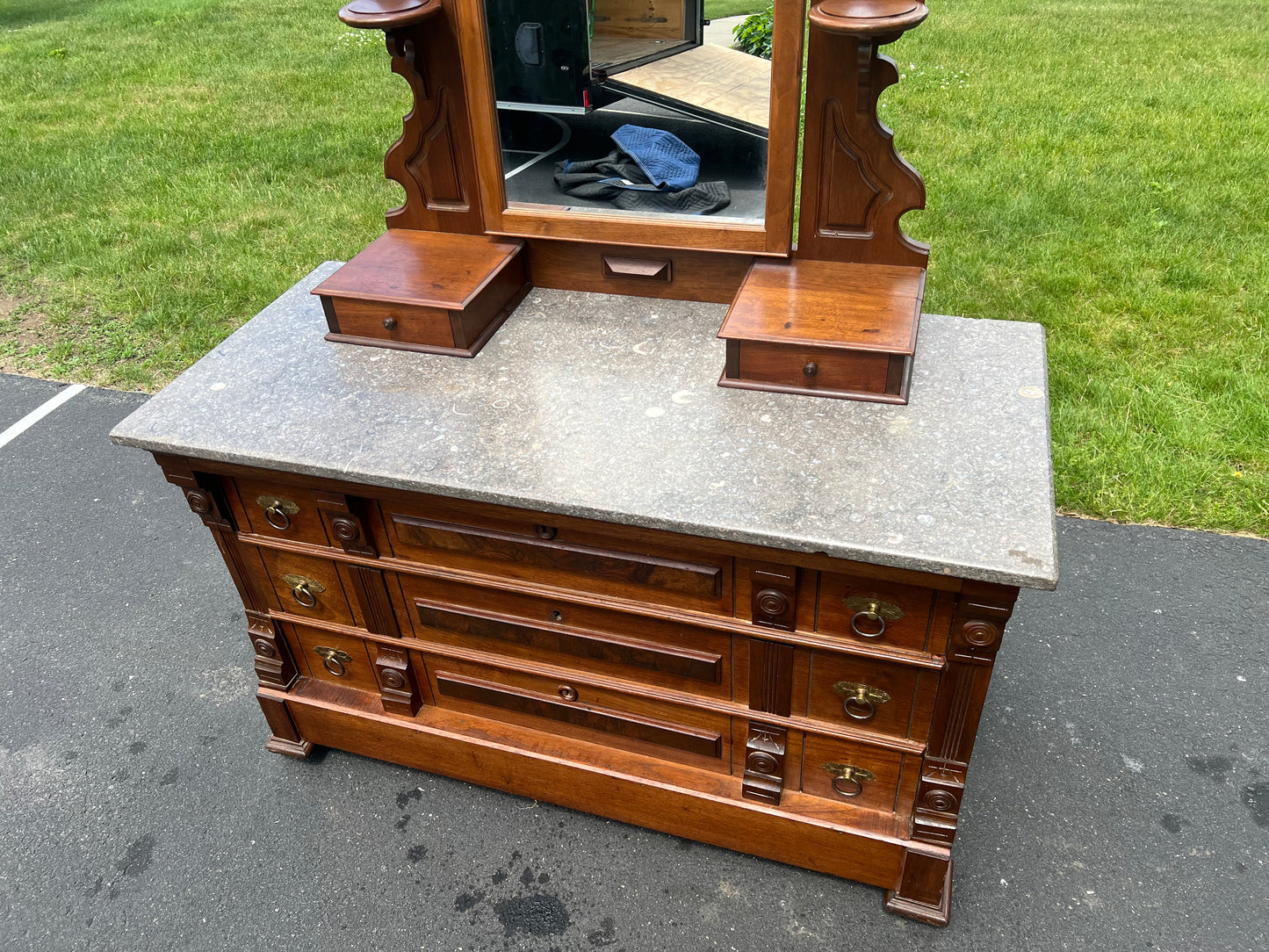 Antique Victorian Marble Top Walnut Burl Three Drawer Chest with Mirror