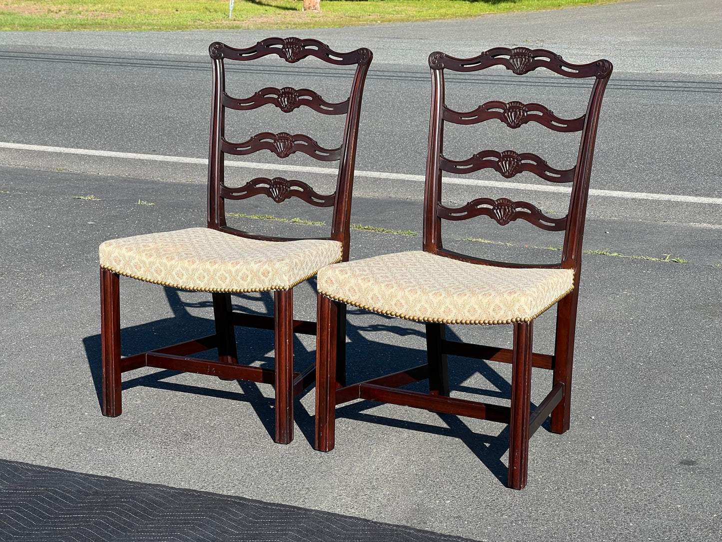 Pair of Chippendale Style Ribbon Back Chairs with Curved Seats