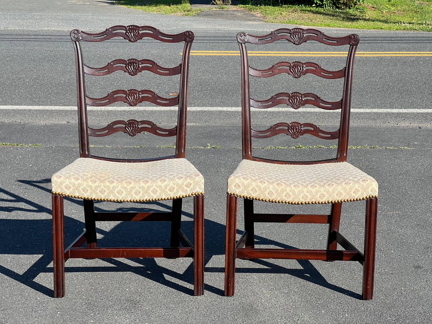 Pair of Chippendale Style Ribbon Back Chairs with Curved Seats