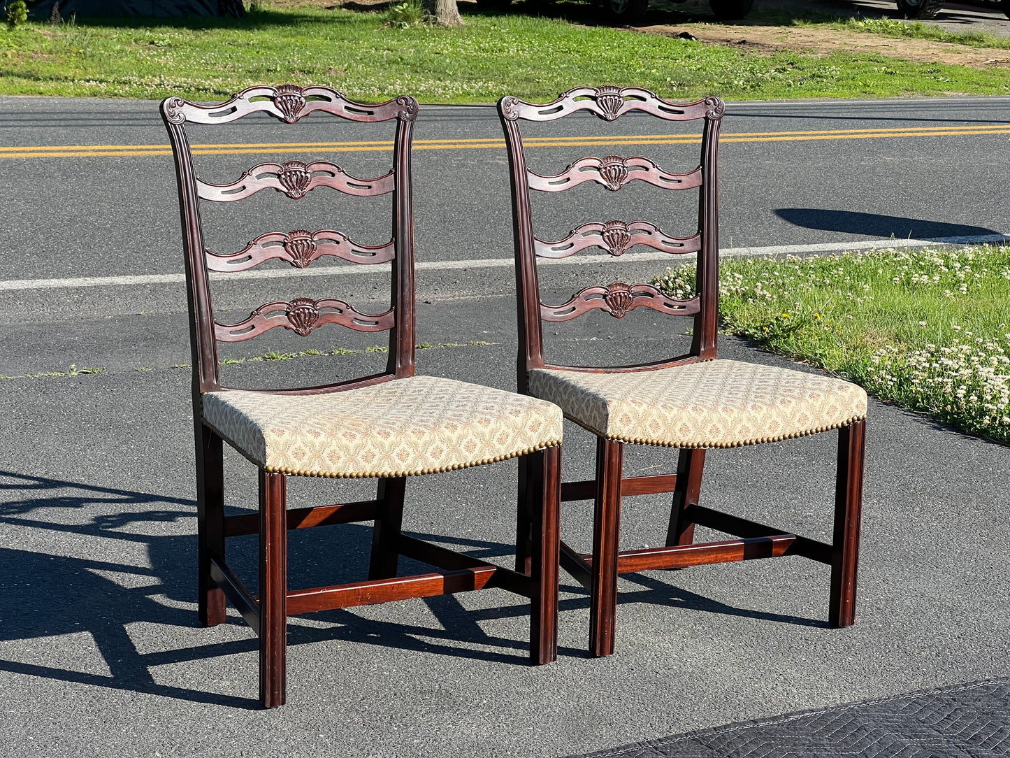 Pair of Chippendale Style Ribbon Back Chairs with Curved Seats