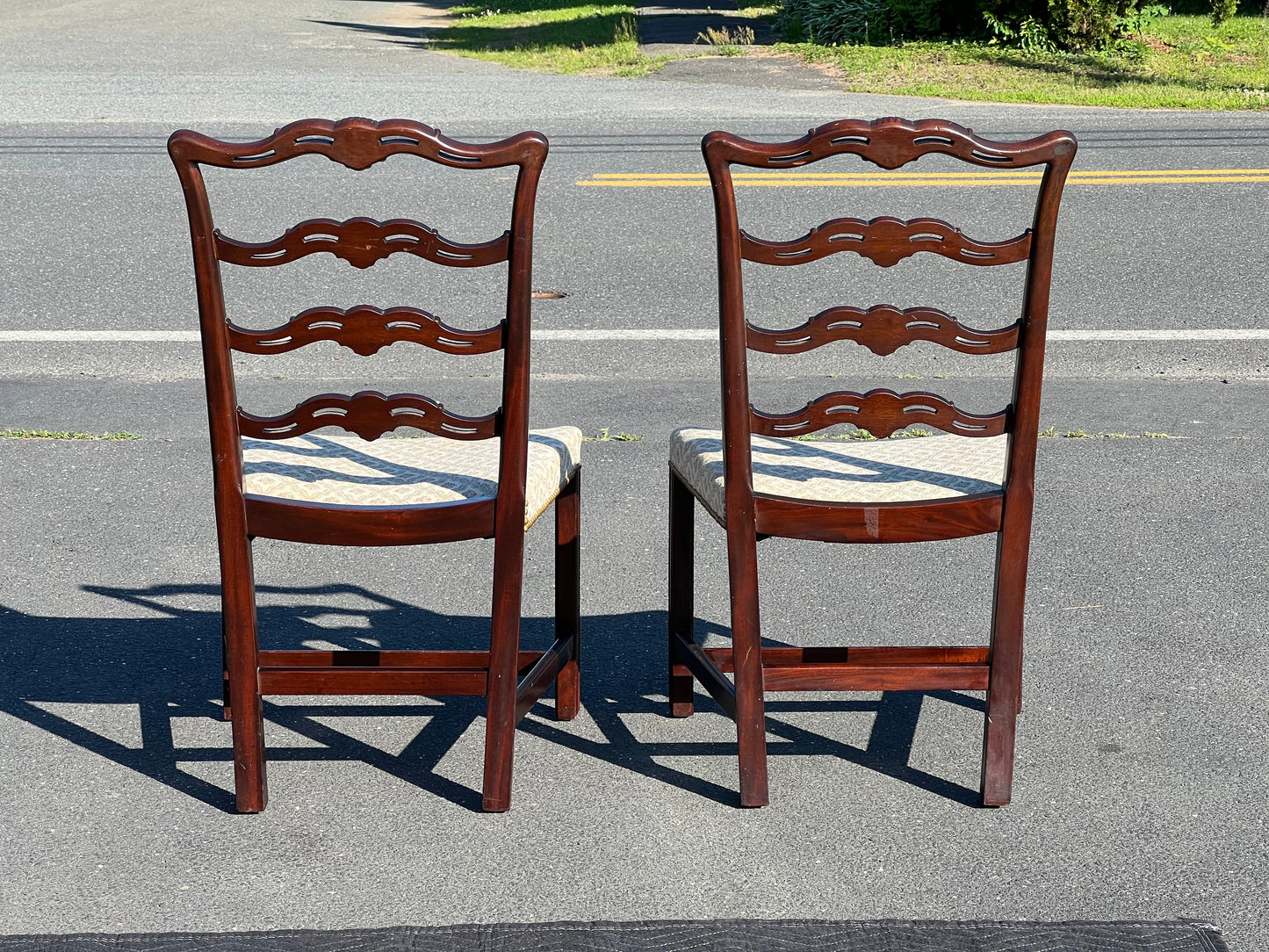 Pair of Chippendale Style Ribbon Back Chairs with Curved Seats