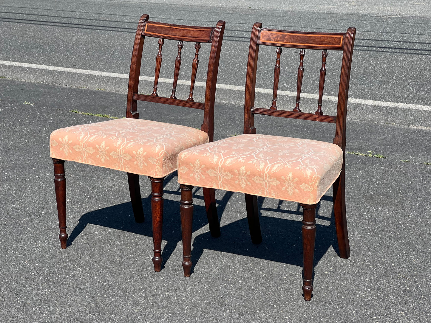 Antique Pair of Inlaid Sheraton Side Chairs with Pink Upholstered Seat