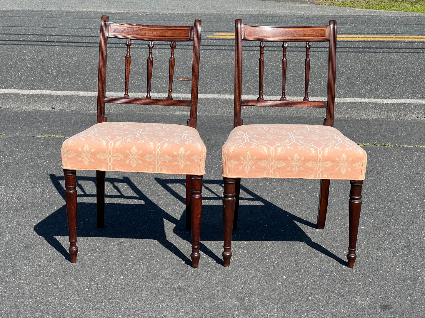 Antique Pair of Inlaid Sheraton Side Chairs with Pink Upholstered Seat