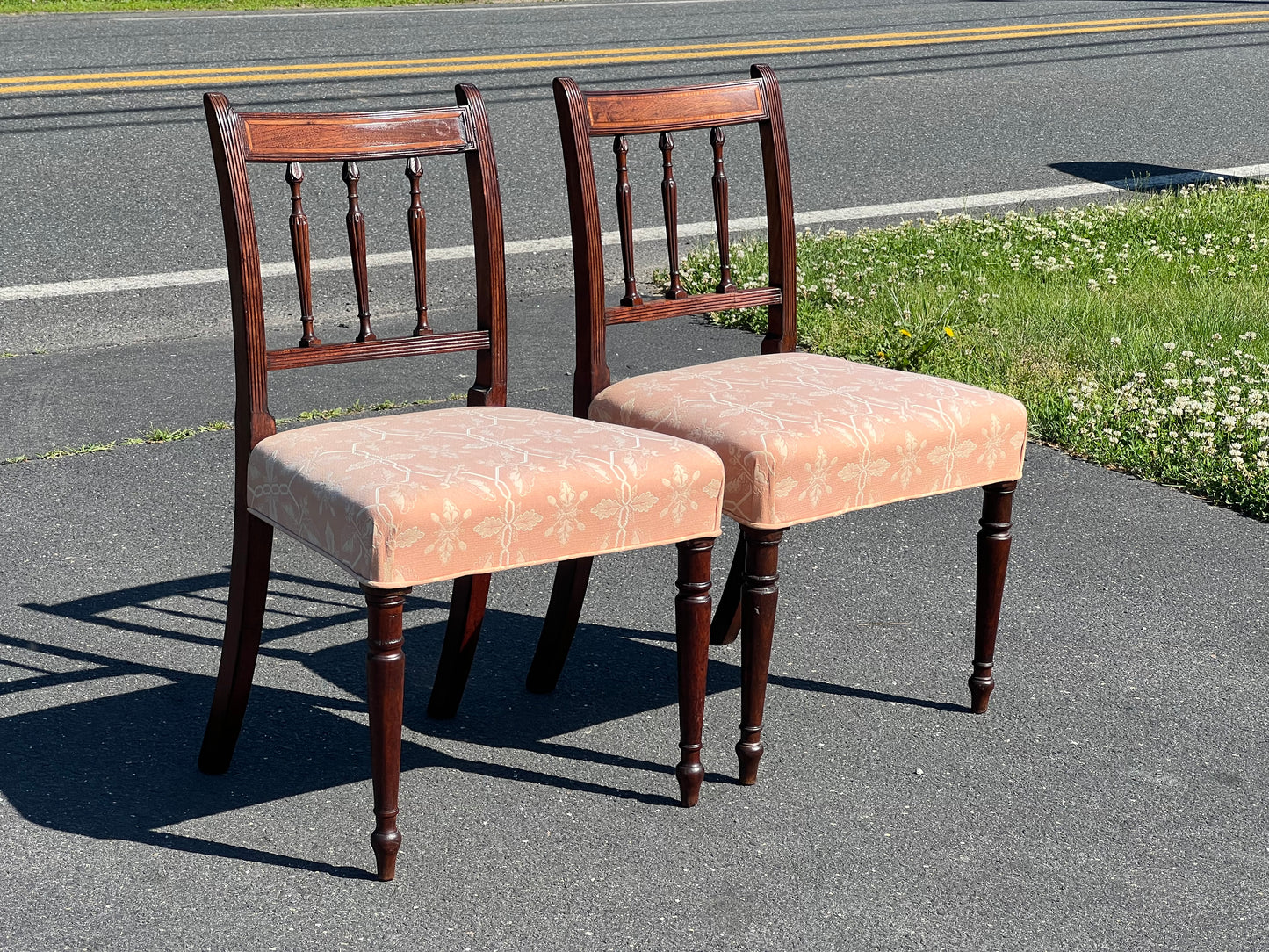 Antique Pair of Inlaid Sheraton Side Chairs with Pink Upholstered Seat