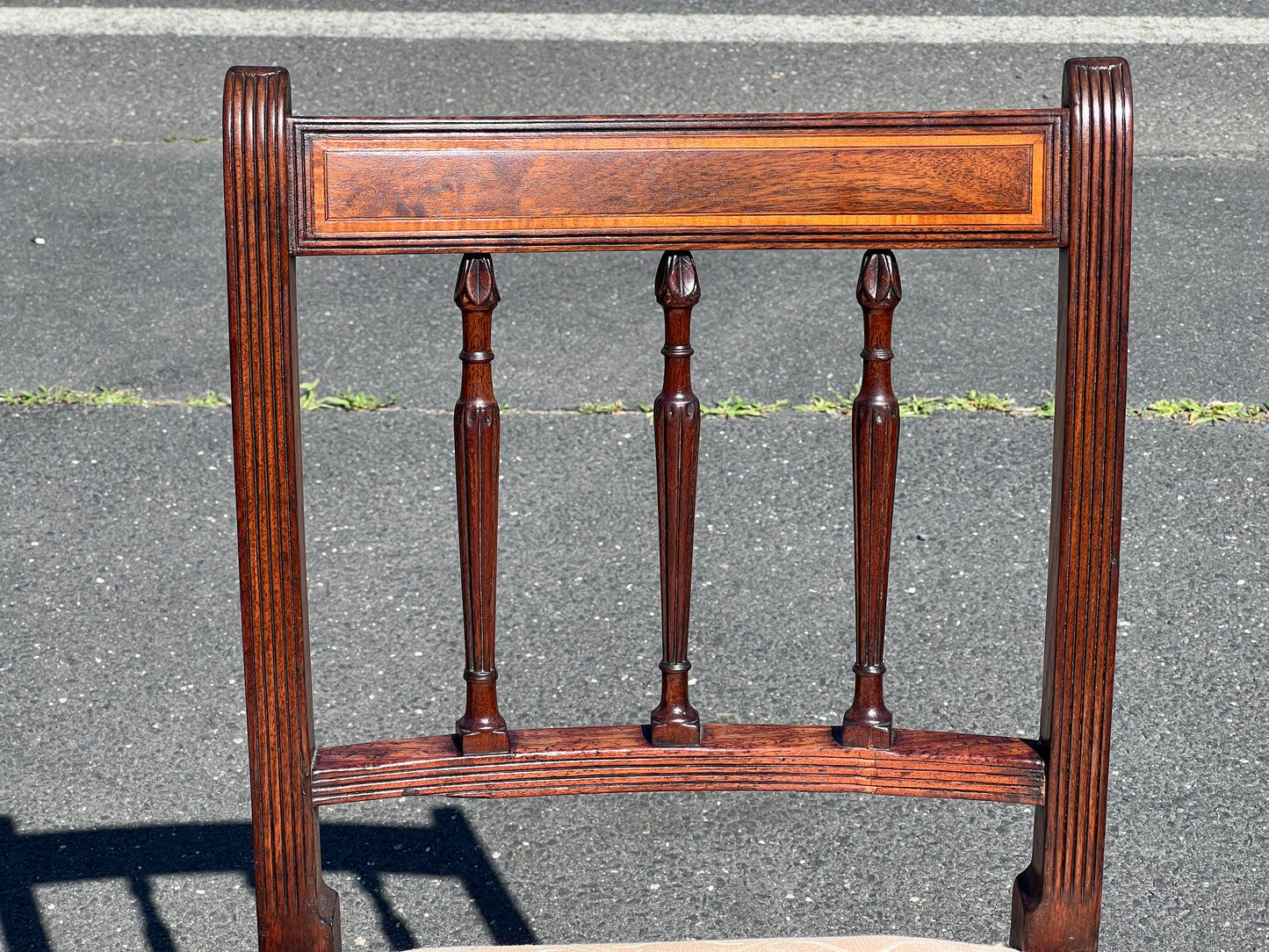 Antique Pair of Inlaid Sheraton Side Chairs with Pink Upholstered Seat