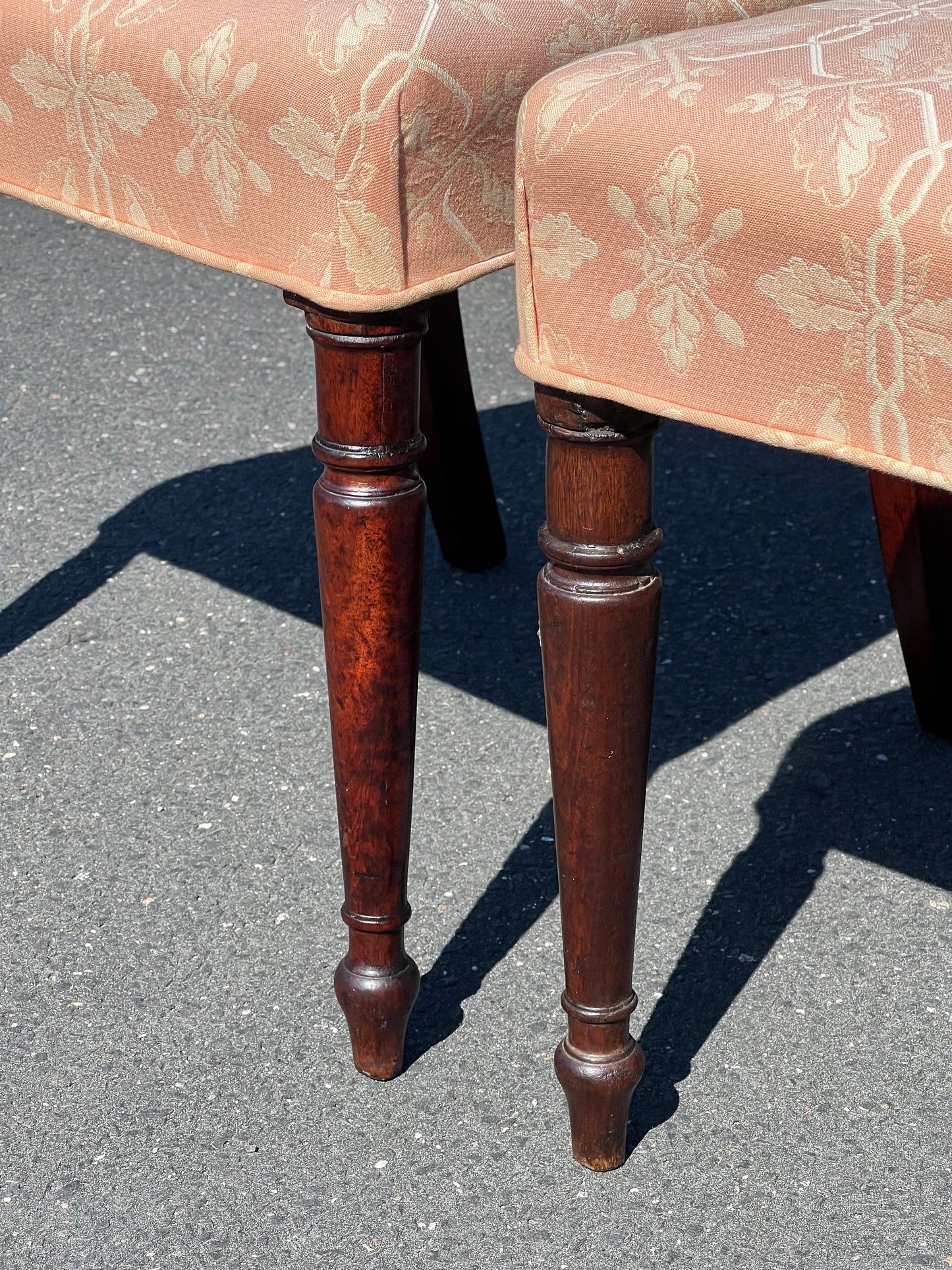 Antique Pair of Inlaid Sheraton Side Chairs with Pink Upholstered Seat