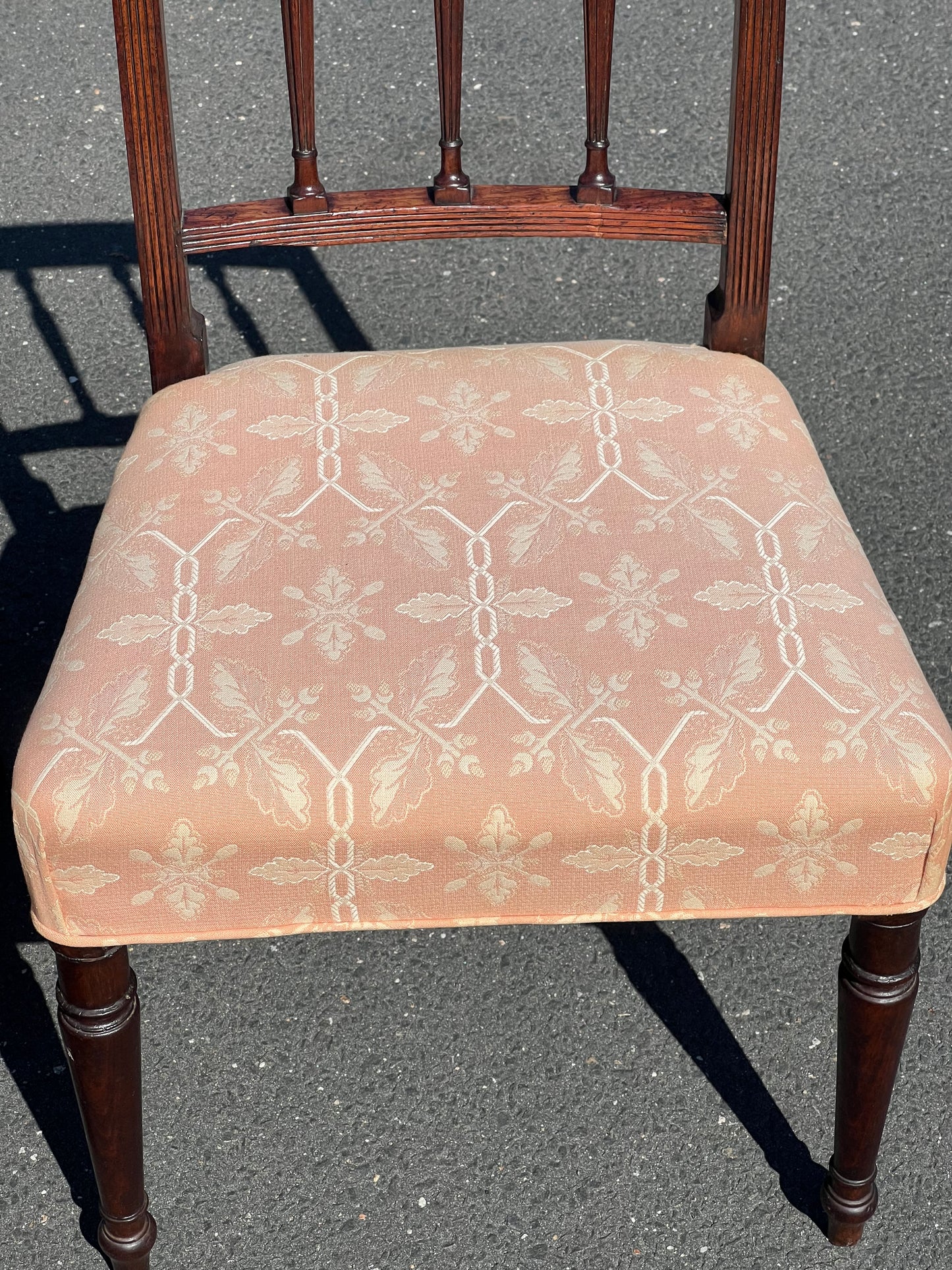 Antique Pair of Inlaid Sheraton Side Chairs with Pink Upholstered Seat