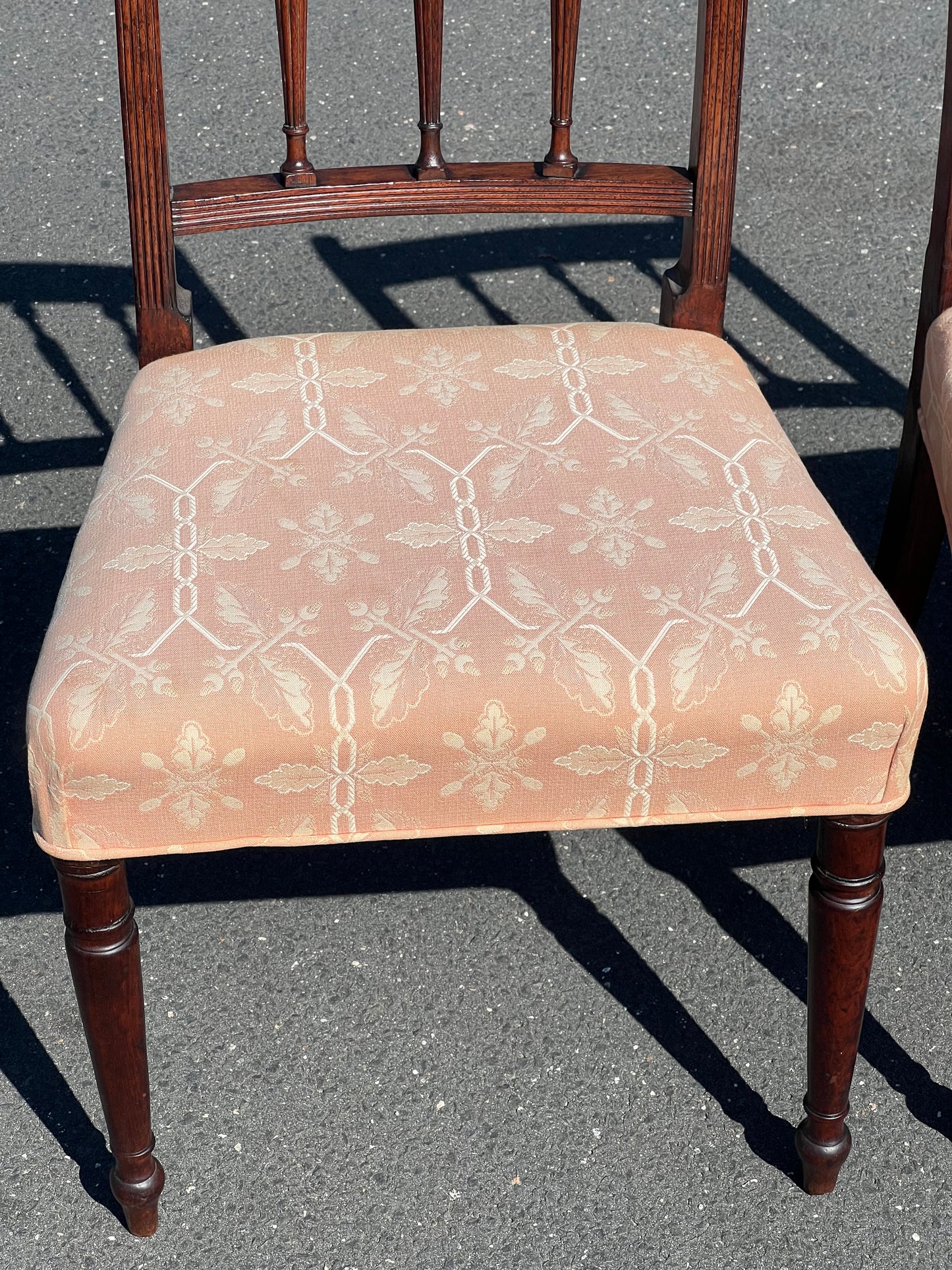 Antique Pair of Inlaid Sheraton Side Chairs with Pink Upholstered Seat