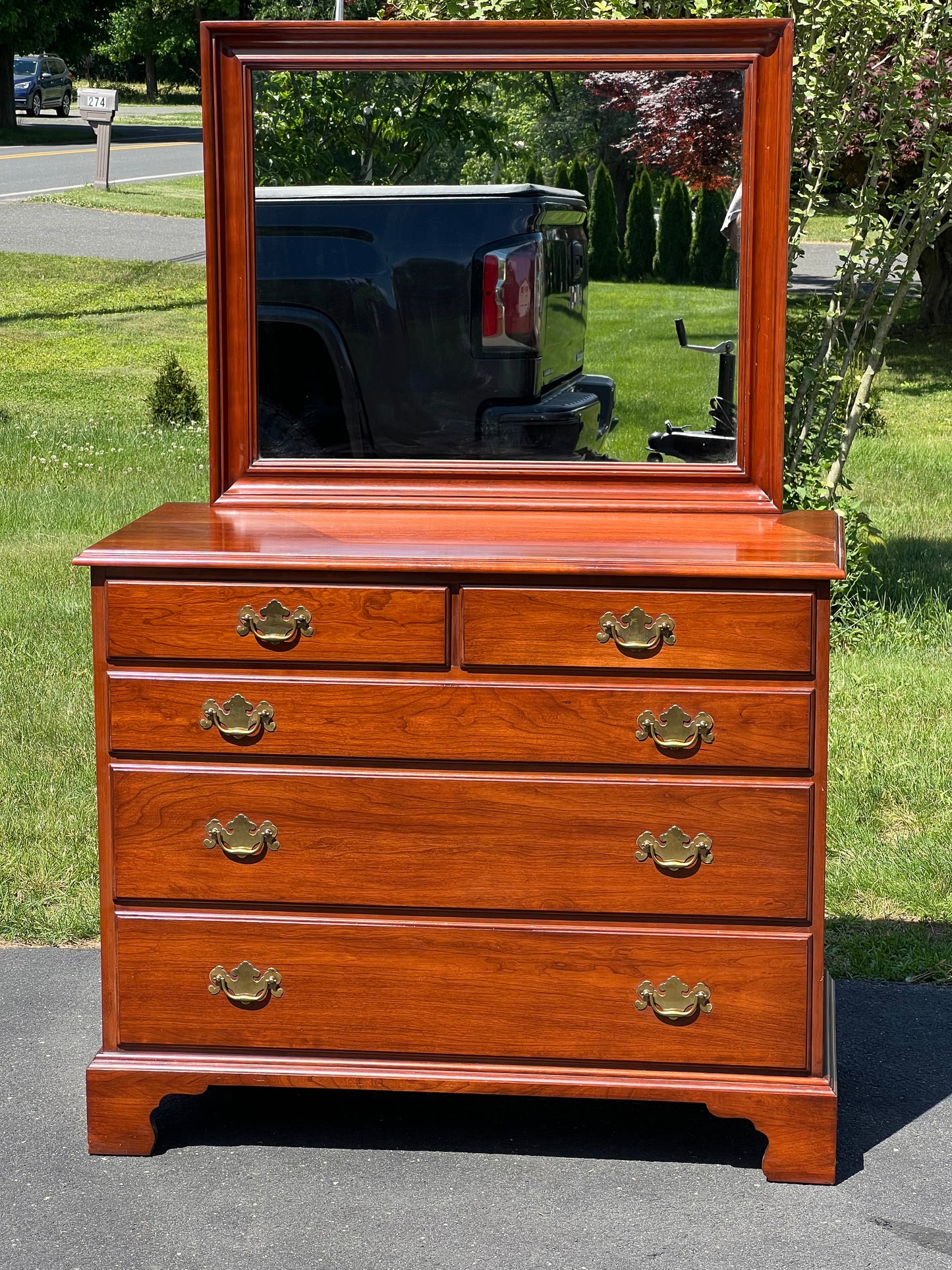 Vintage Solid Black Cherry Dresser with Mirror by Henkel Harris