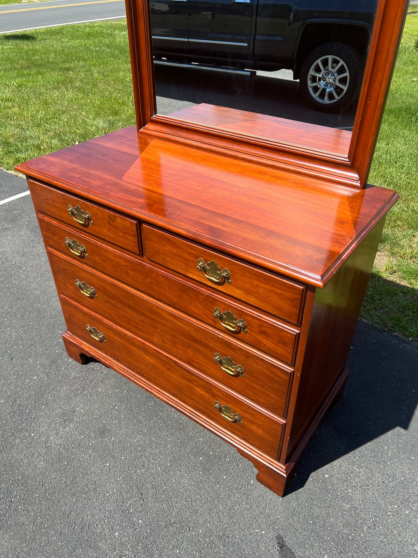 Vintage Solid Black Cherry Dresser with Mirror by Henkel Harris