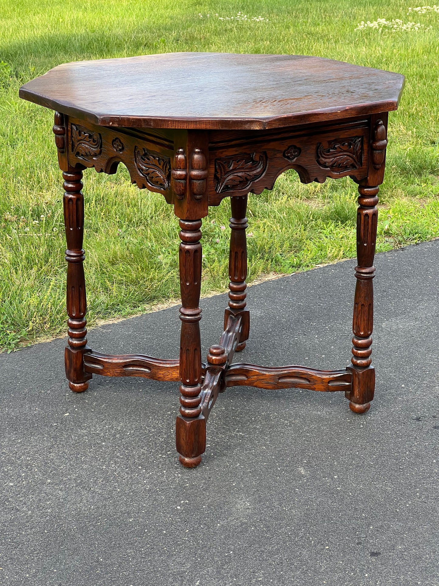 Vintage Hexagon Oak Parlor Table with Carved Details