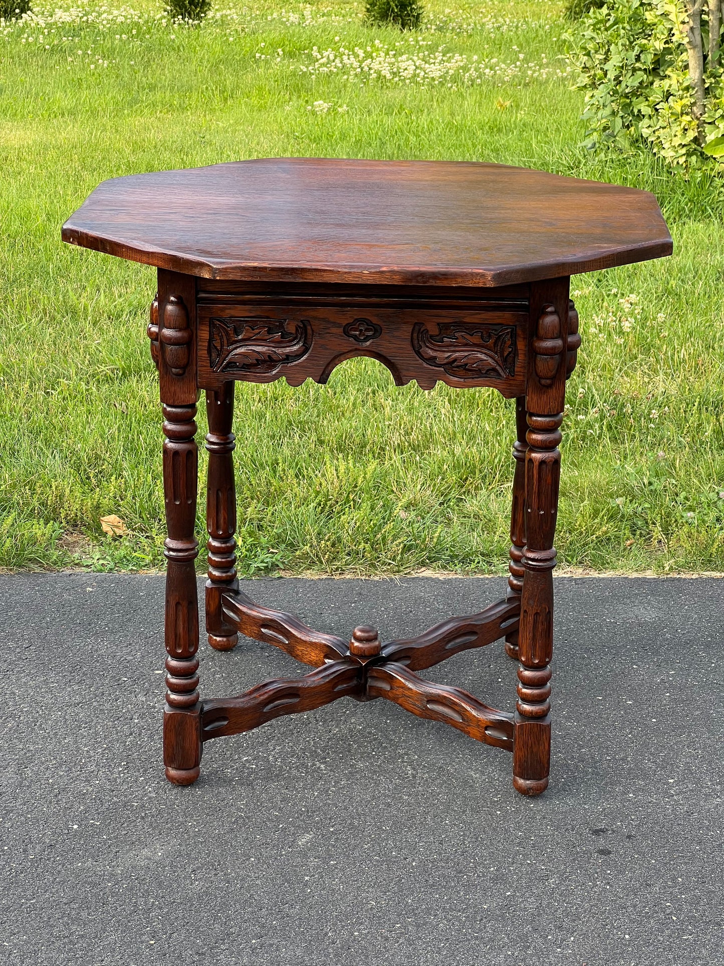 Vintage Hexagon Oak Parlor Table with Carved Details