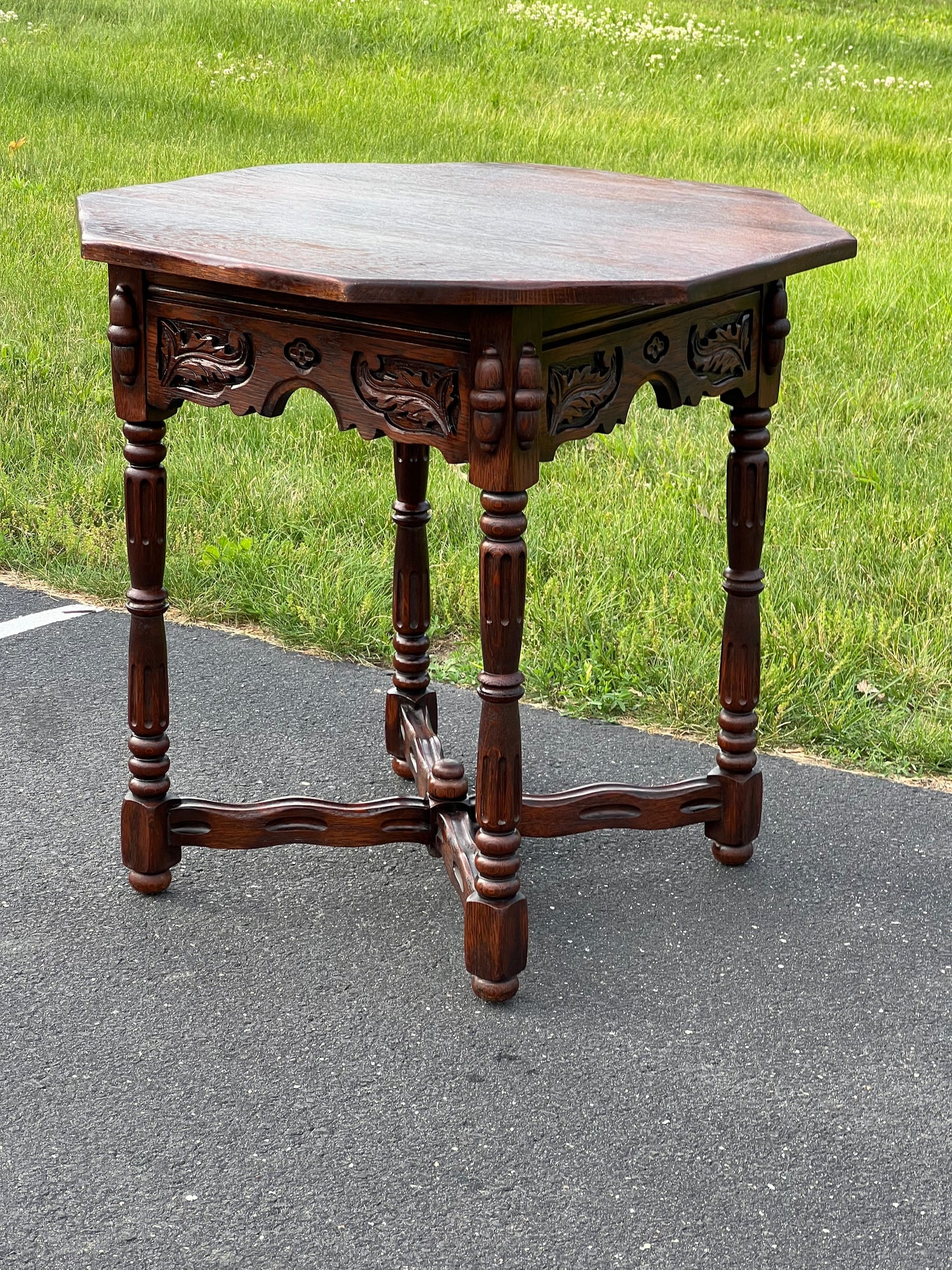 Vintage Hexagon Oak Parlor Table with Carved Details