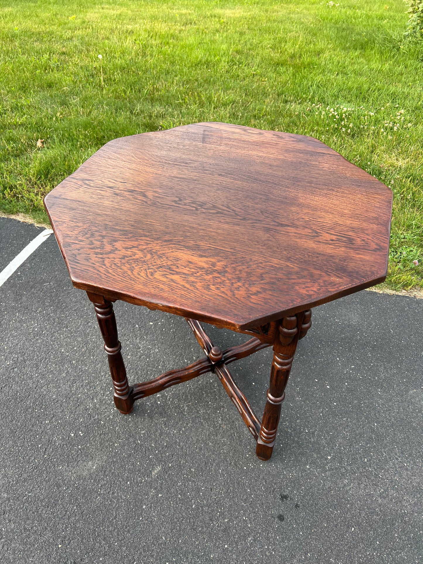 Vintage Hexagon Oak Parlor Table with Carved Details