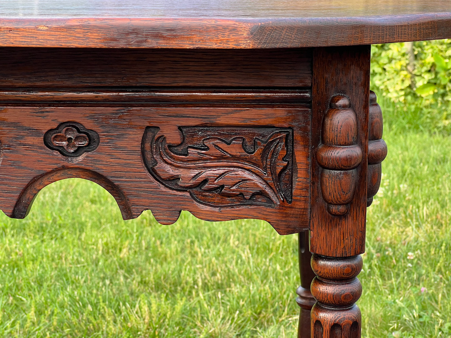 Vintage Hexagon Oak Parlor Table with Carved Details