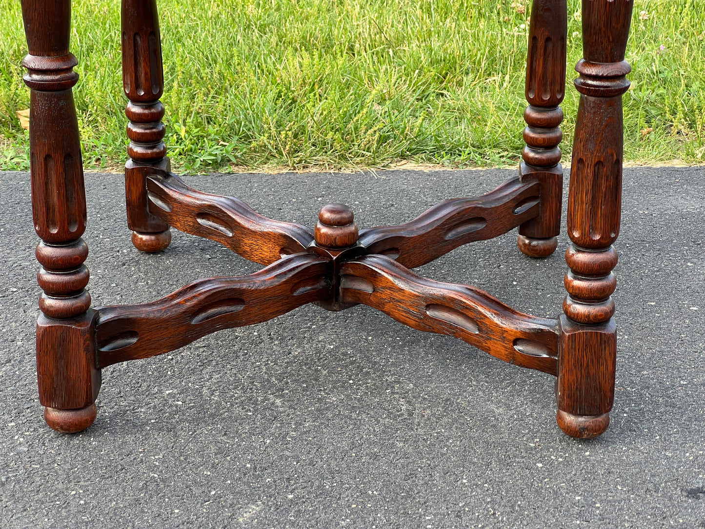 Vintage Hexagon Oak Parlor Table with Carved Details