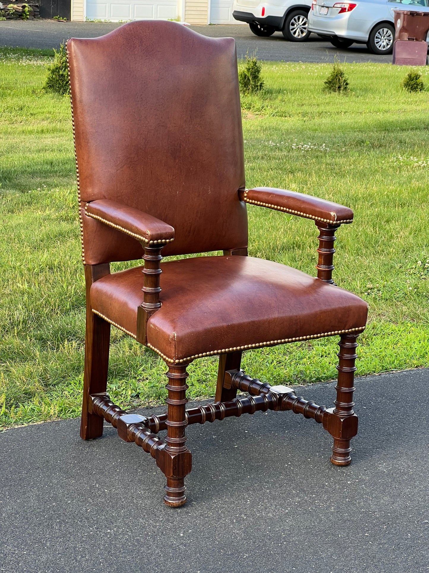 Vintage Solid Rosewood Ring Turned Parlor Chair in Brown Faux Leather