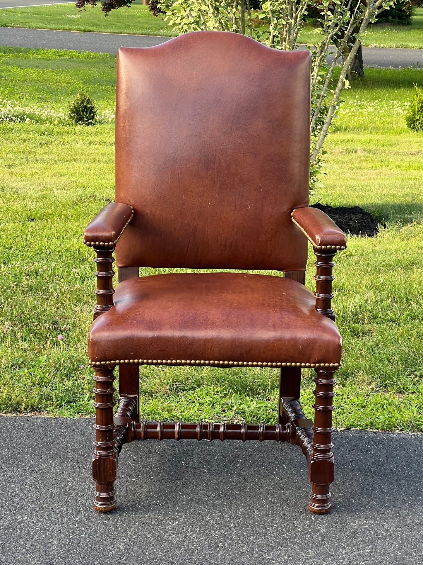 Vintage Solid Rosewood Ring Turned Parlor Chair in Brown Faux Leather