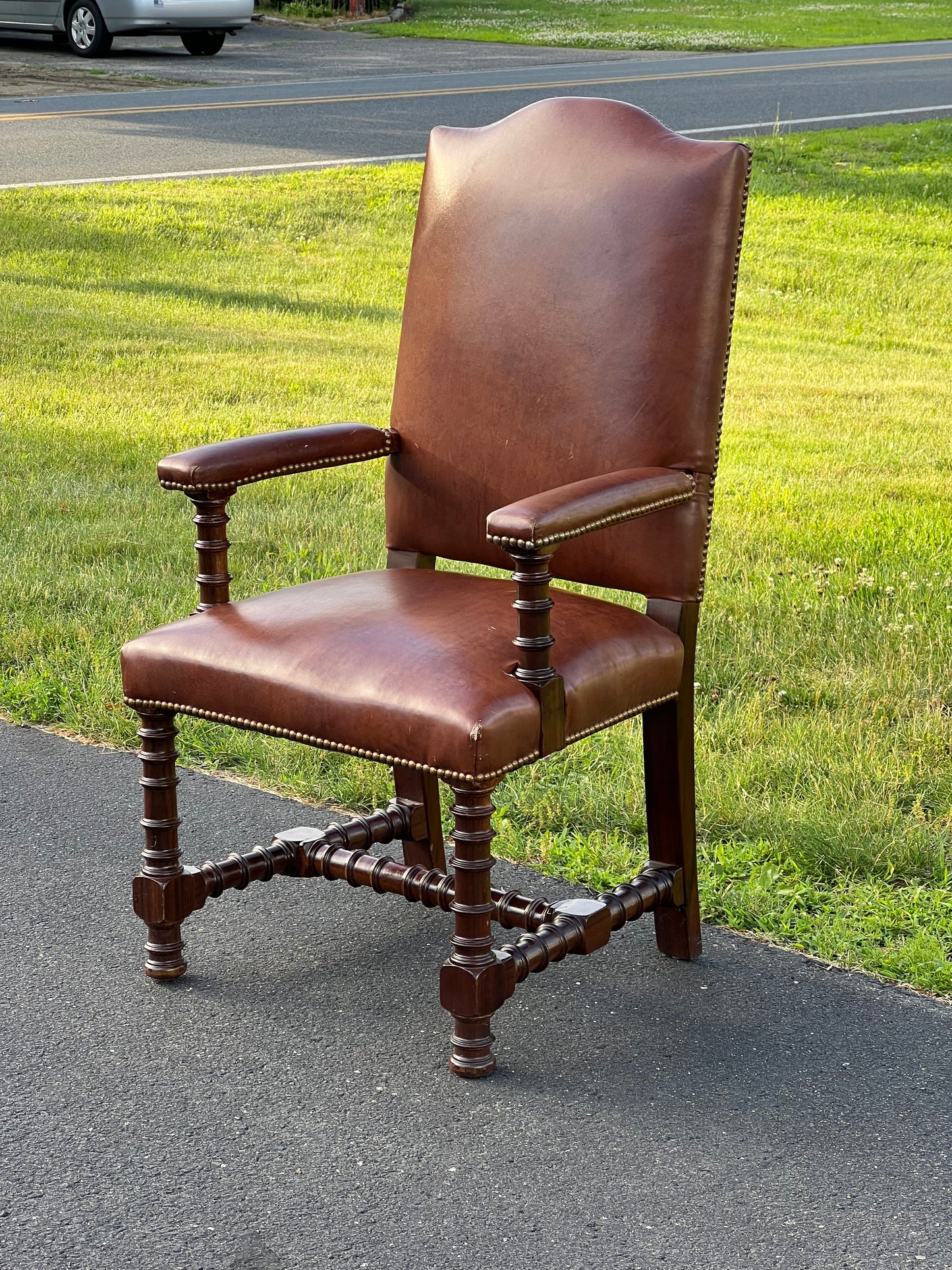 Vintage Solid Rosewood Ring Turned Parlor Chair in Brown Faux Leather