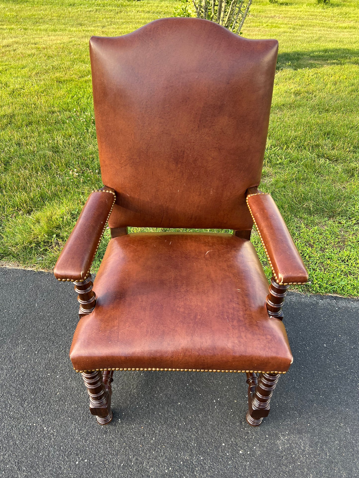 Vintage Solid Rosewood Ring Turned Parlor Chair in Brown Faux Leather