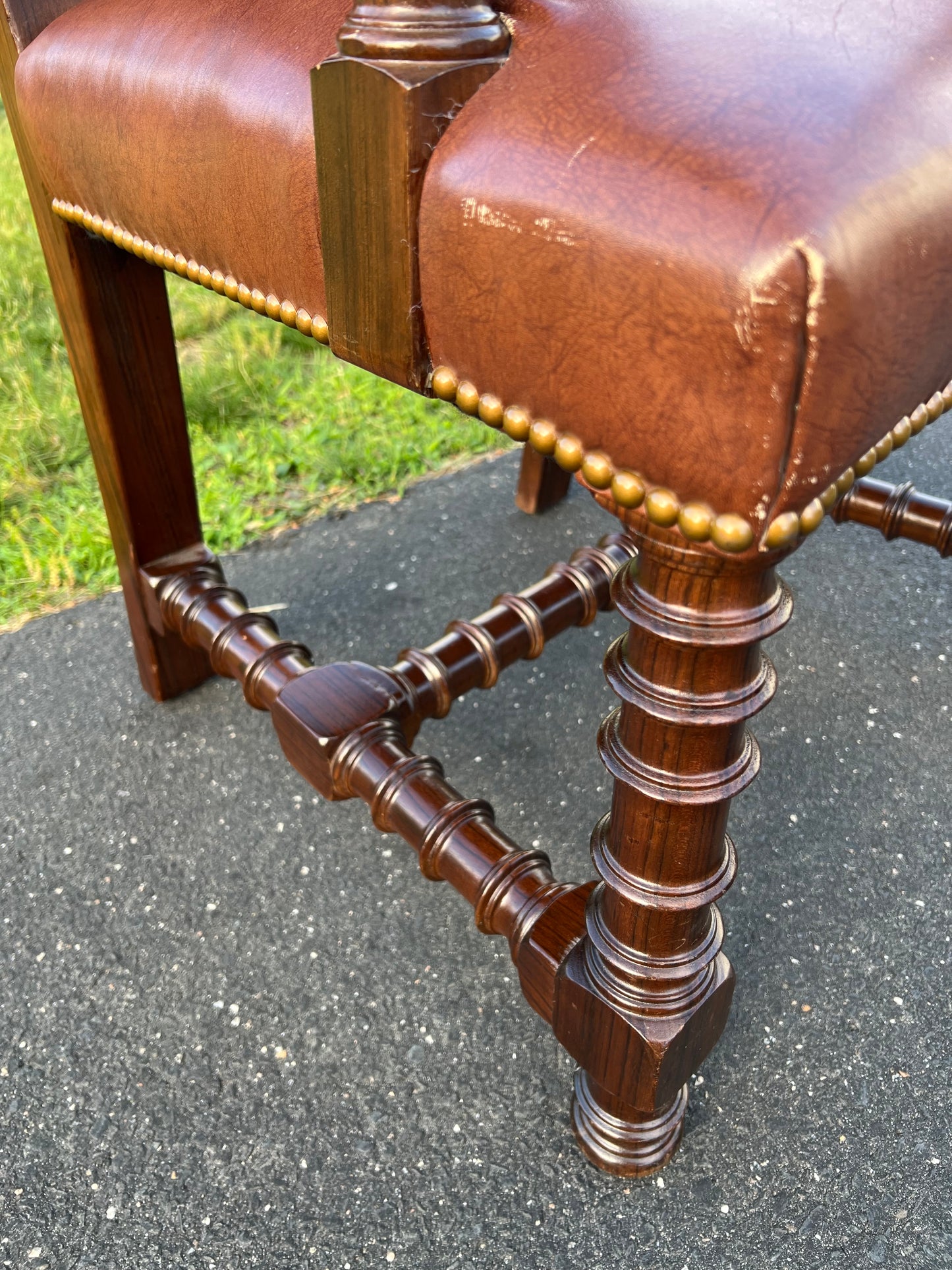 Vintage Solid Rosewood Ring Turned Parlor Chair in Brown Faux Leather