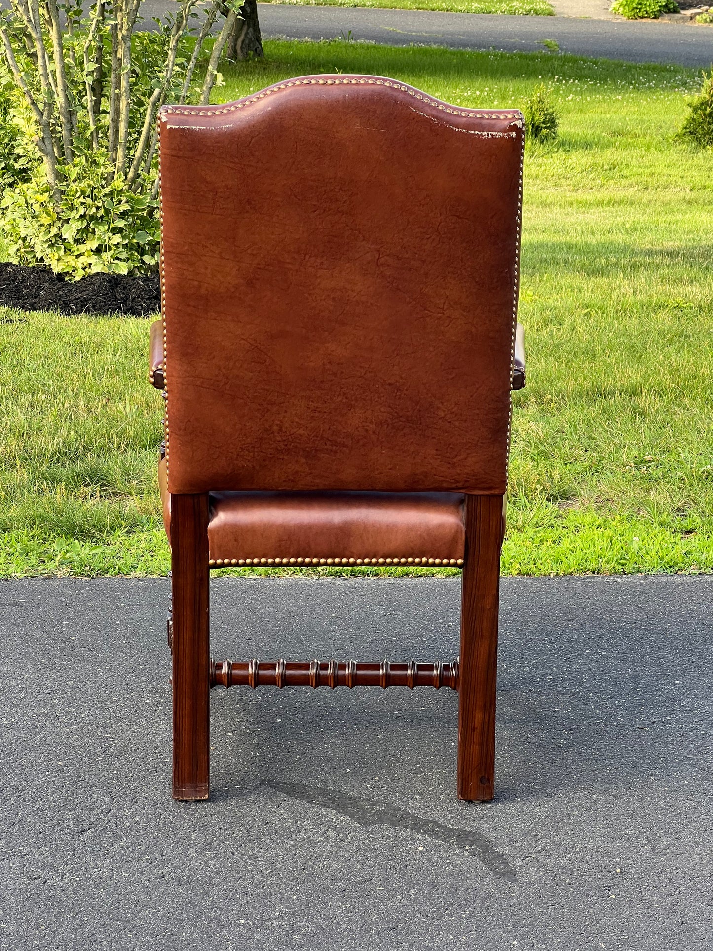 Vintage Solid Rosewood Ring Turned Parlor Chair in Brown Faux Leather