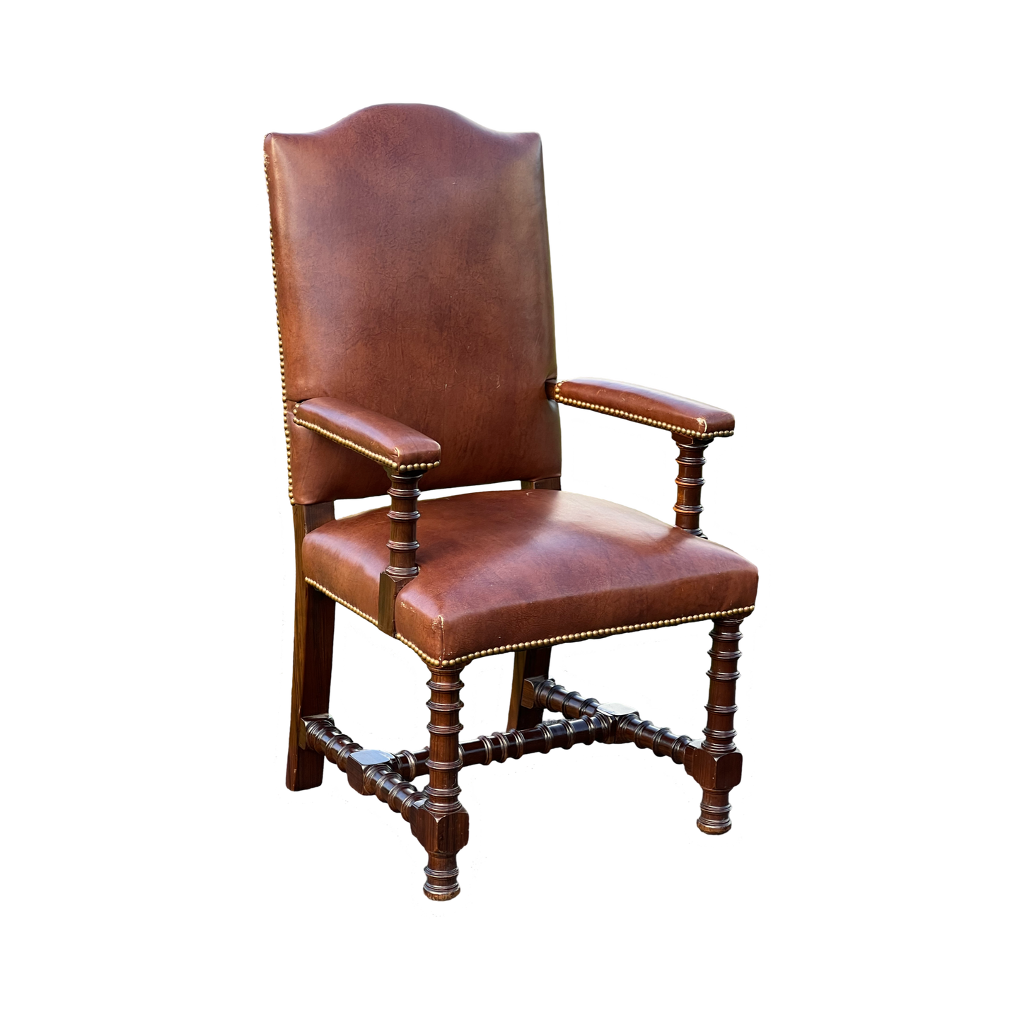 Vintage Solid Rosewood Ring Turned Parlor Chair in Brown Faux Leather