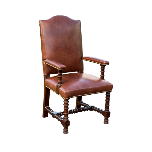 Vintage Solid Rosewood Ring Turned Parlor Chair in Brown Faux Leather