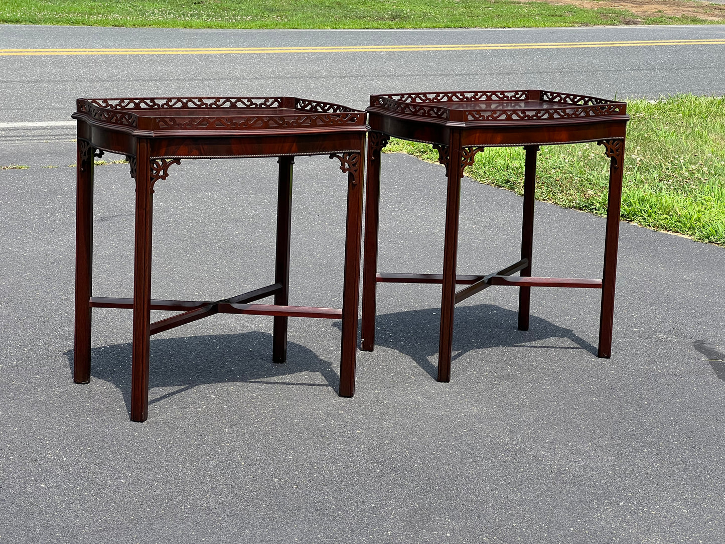 Pair Vintage Flame Mahogany Chippendale Style End Tables