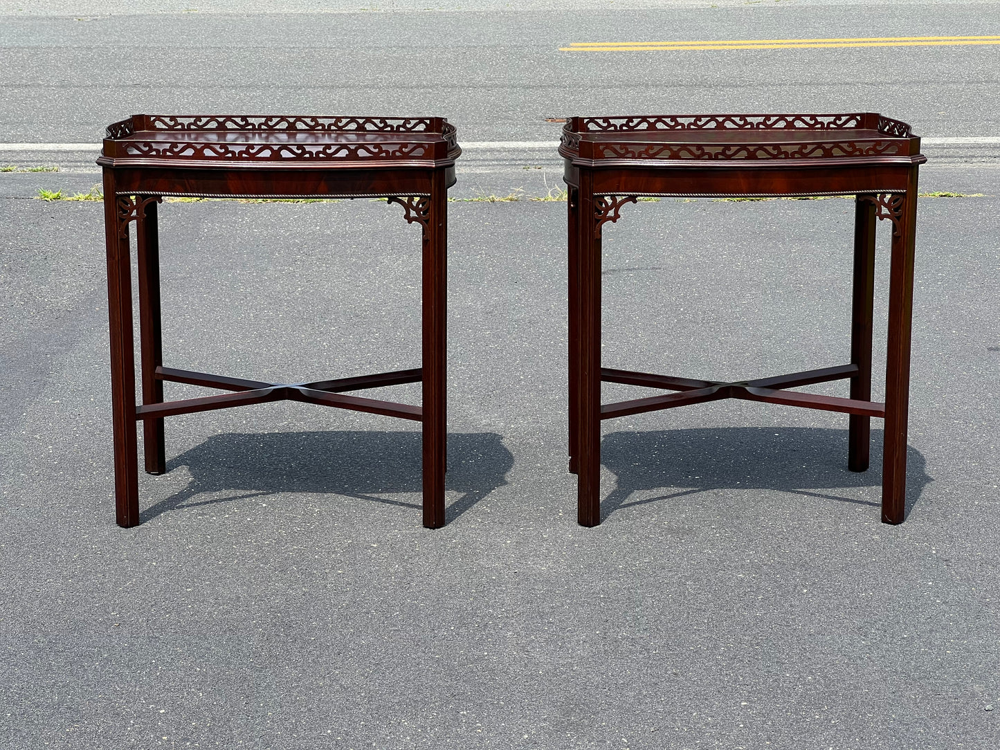 Pair Vintage Flame Mahogany Chippendale Style End Tables